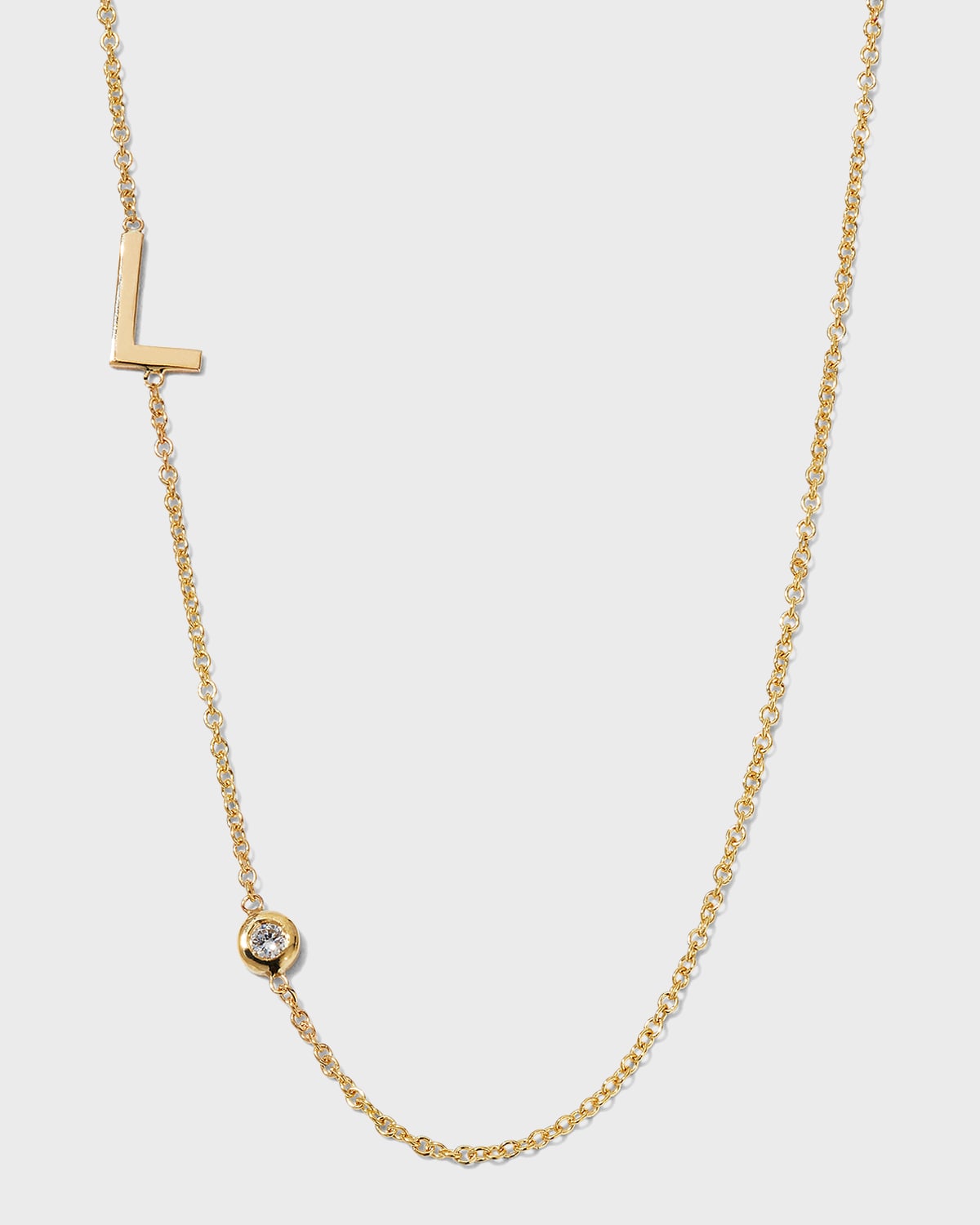 14k Gold Asymmetrical Initial and Bezel Diamond Necklace