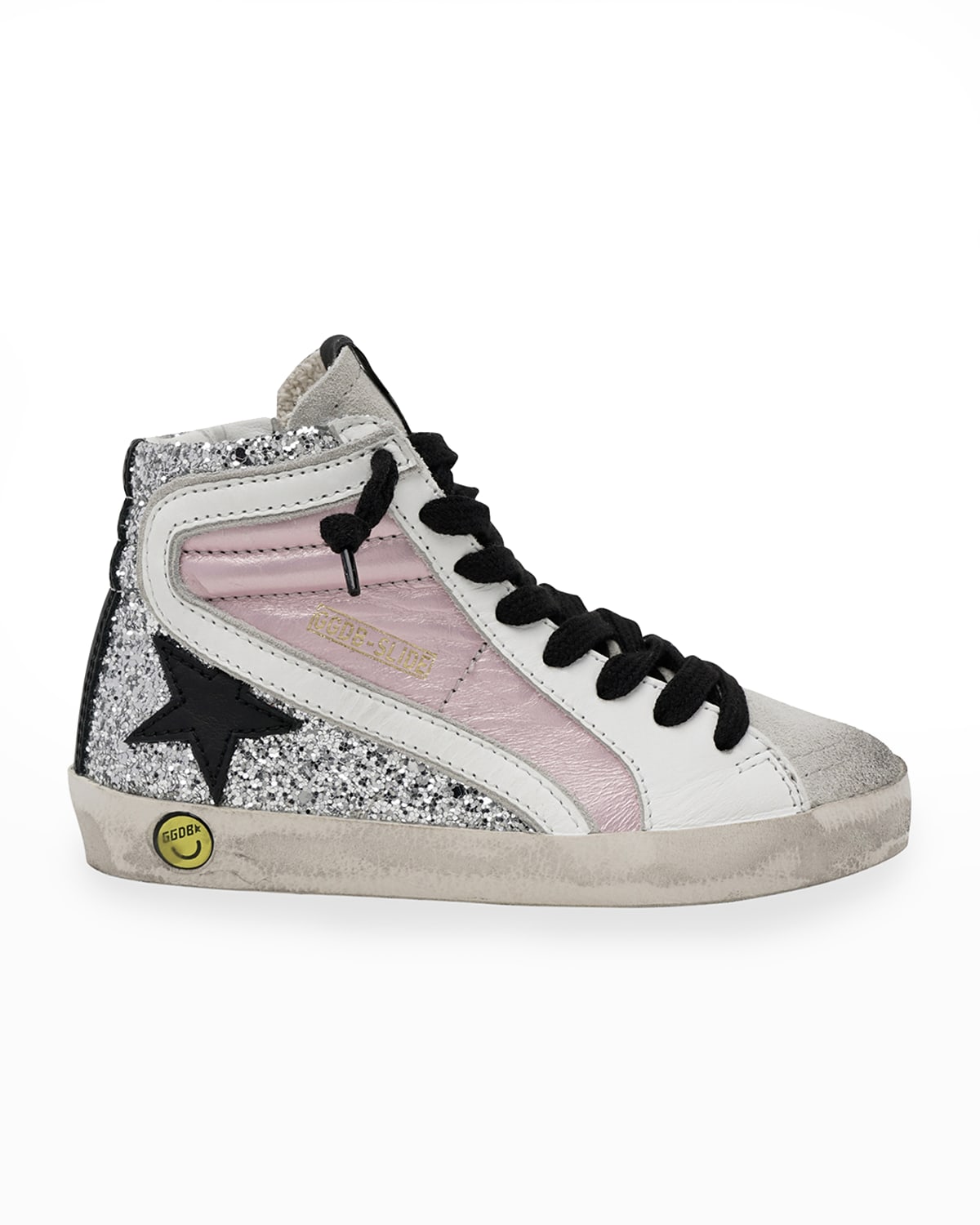 Slide sneakers in silver laminated leather and glitter top