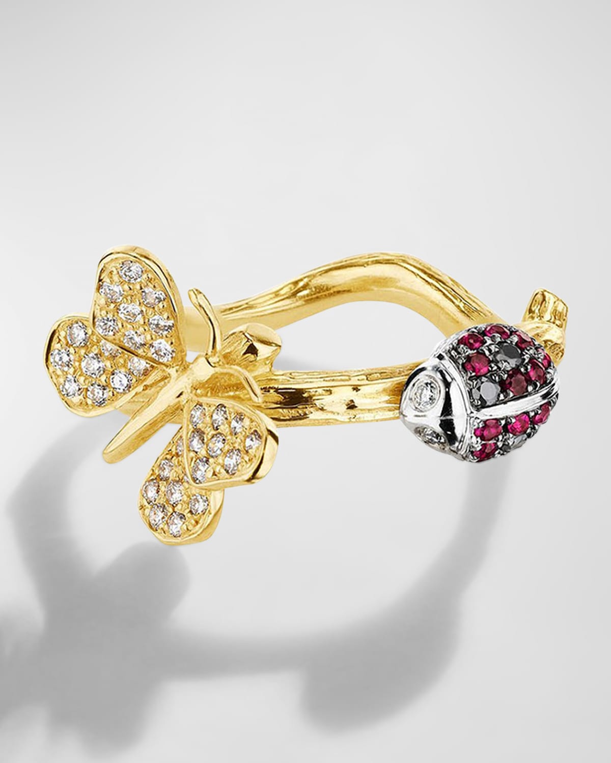 Mimi So 18k Diamond Butterfly and Ruby Ladybug Wonderland Ring, Size 6