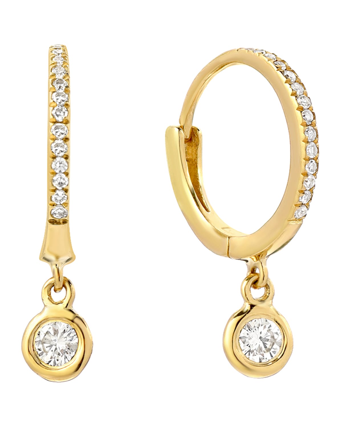 Zoe Lev Jewelry 14k Gold Diamond Huggie Earrings With Bezel Drops