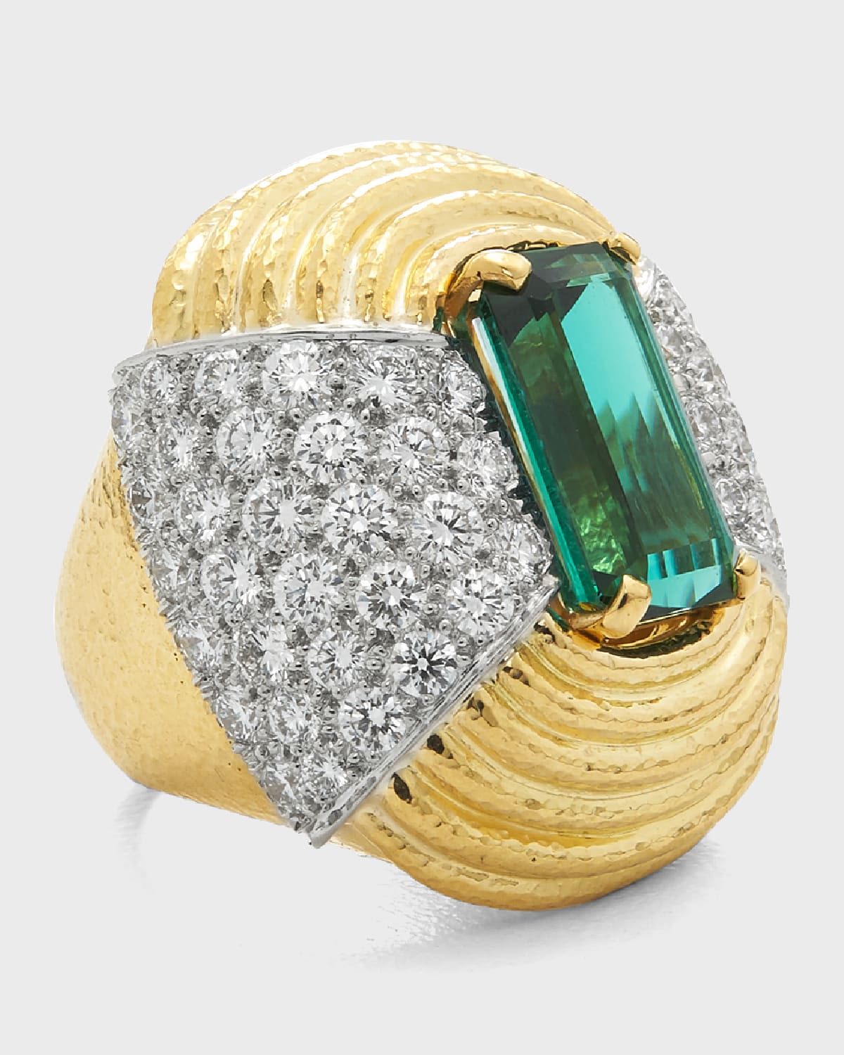 David Webb 18k Yellow Gold and Platinum Ring with Green Tourmaline and Diamonds, Size 6.5