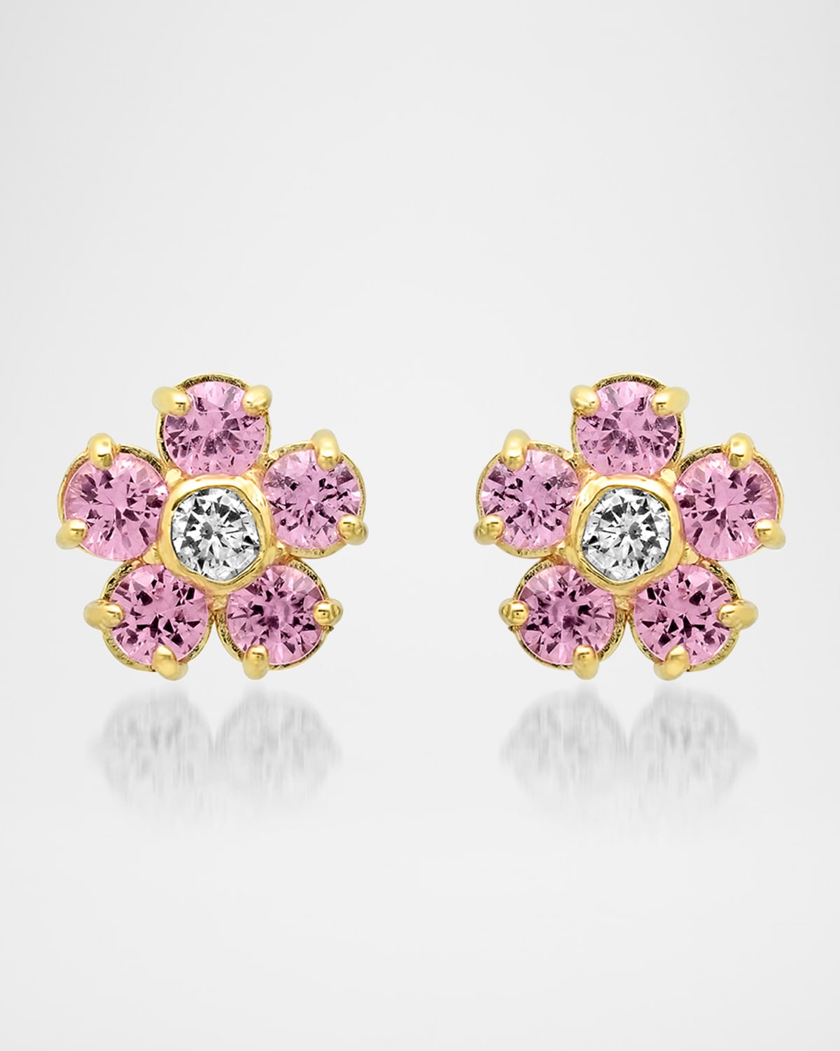 18K Yellow Gold Pink Sapphire and Diamond Flower Stud Earrings