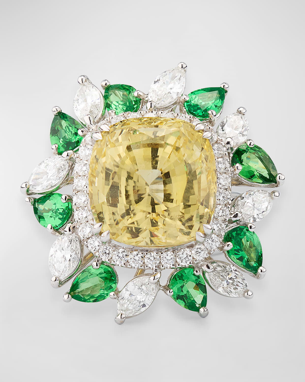 Shop Alexander Laut 18k White Gold Cushion Yellow Sapphire And Tsavorite Ring With Diamonds