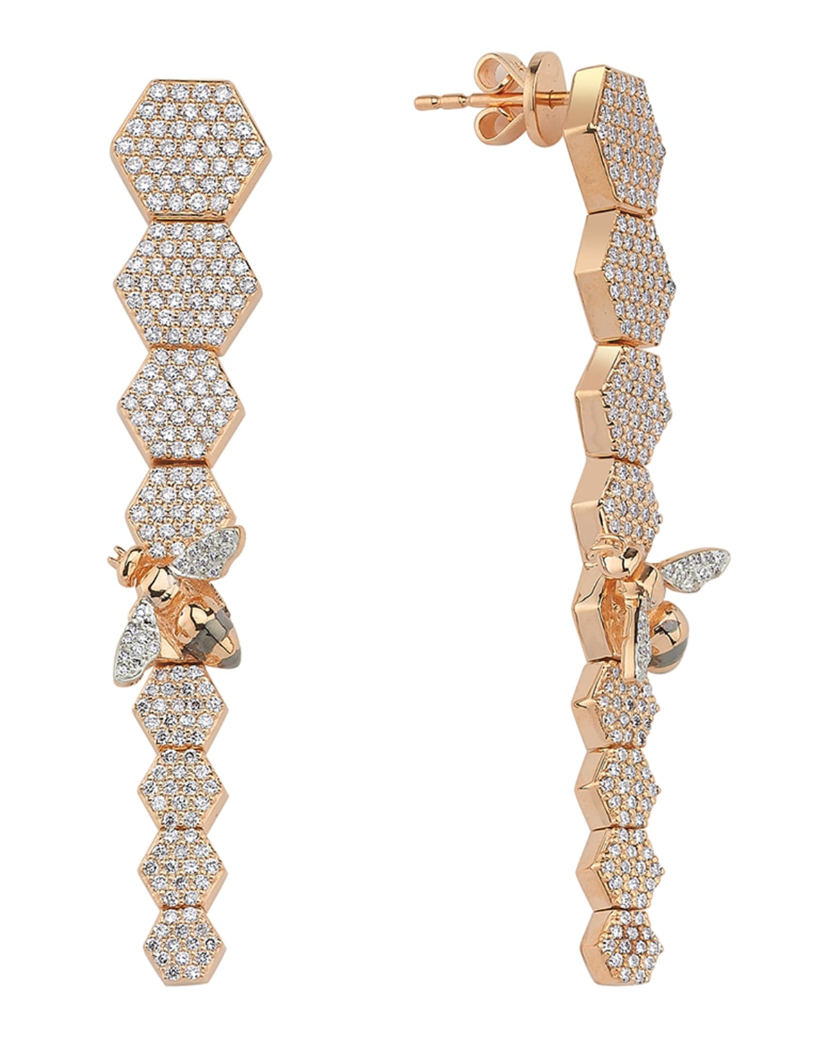 BeeGoddess 14k Rose Gold Long Bee & Honeycomb Drop Earrings