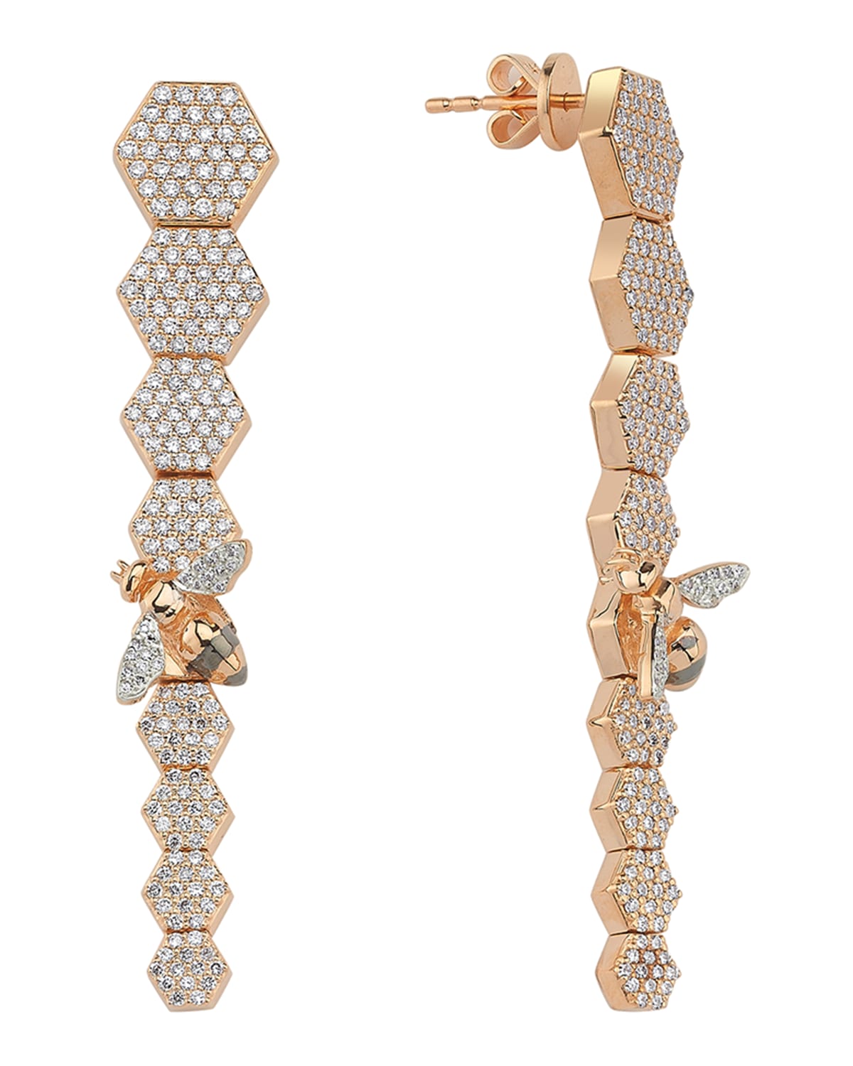 14k Rose Gold Long Bee & Honeycomb Drop Earrings