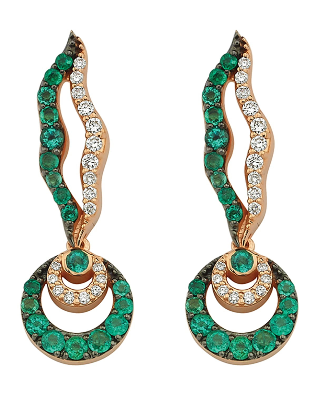 BeeGoddess 14k Rose Gold Chintamani Emerald and Diamond Hoop Drop Earrings
