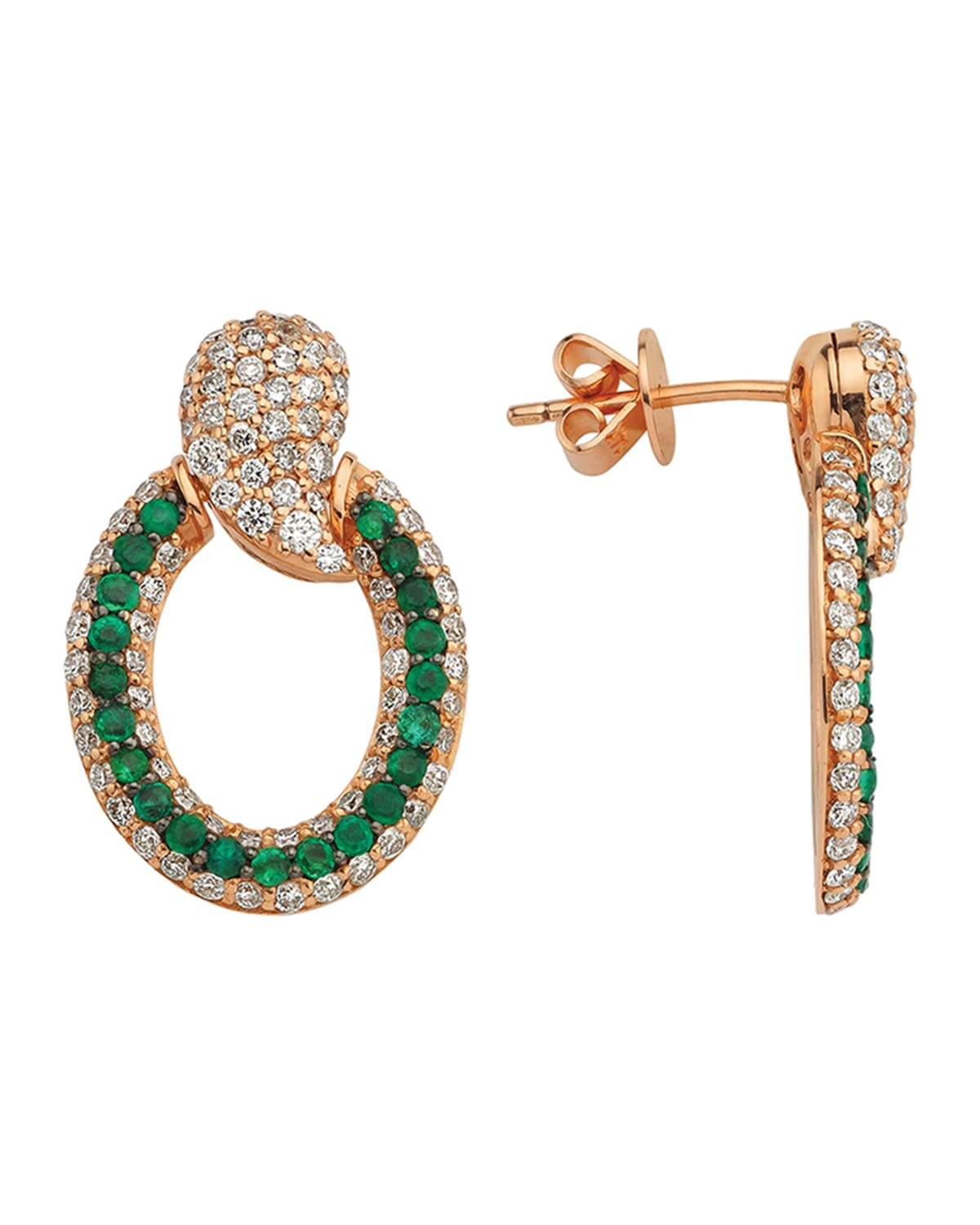 BeeGoddess 14k Rose Gold Emerald and Diamond Door Knocker Earrings