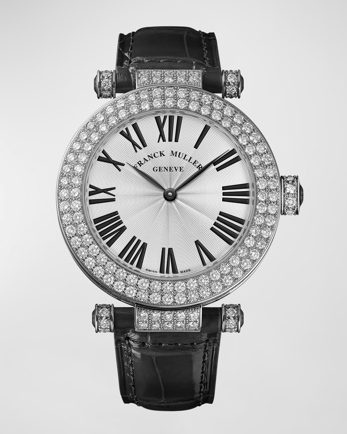 20mm Round 18K White Gold 2-Row Diamond Watch with Alligator Strap