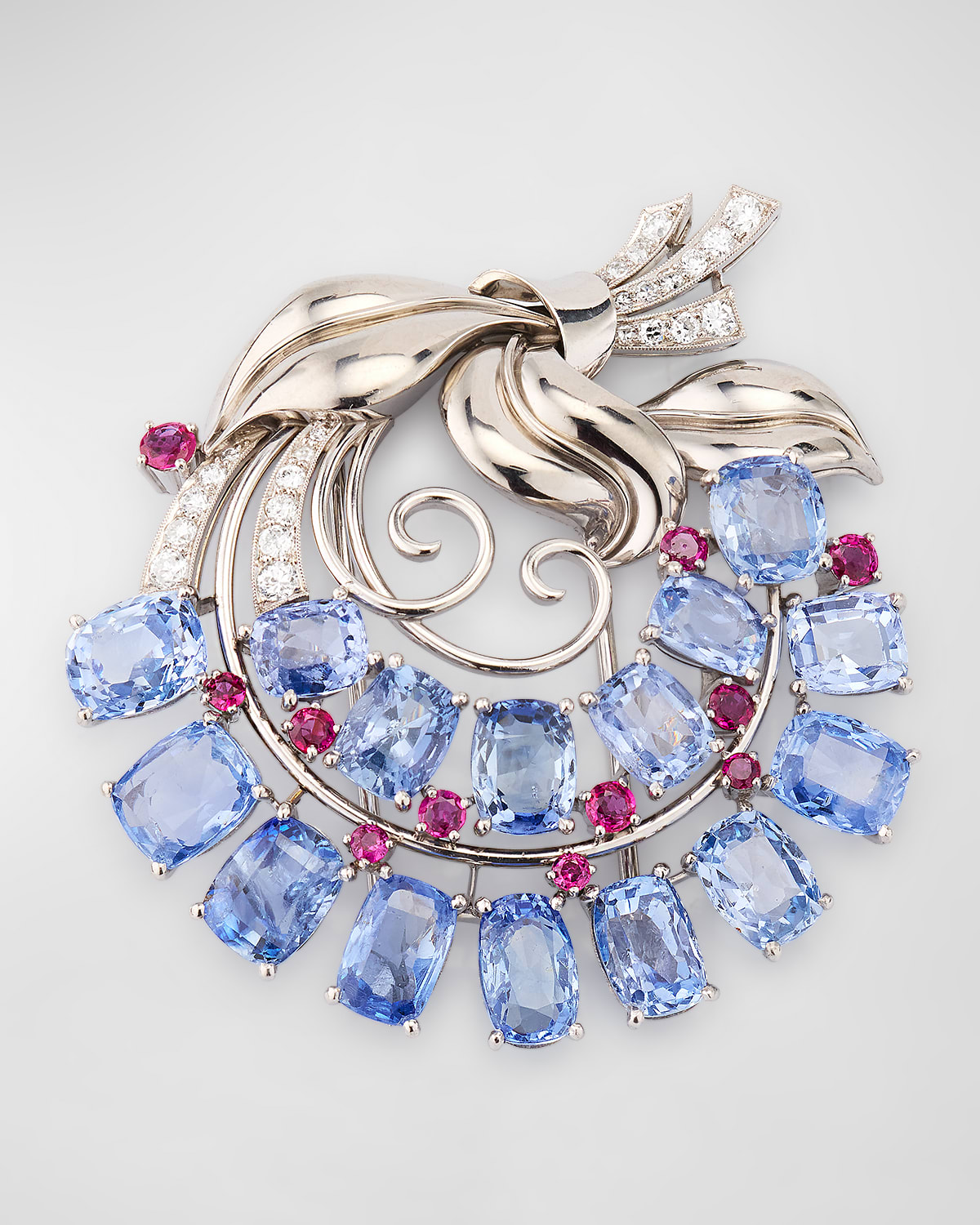 Estate Platinum and Palladium Floral Pin with Sapphires, Diamonds and Rubies
