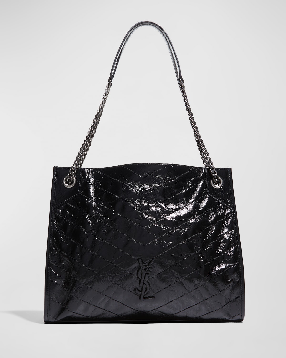 SAINT LAURENT NIKI MEDIUM YSL SHOPPER TOTE BAG IN CRINKLED LEATHER