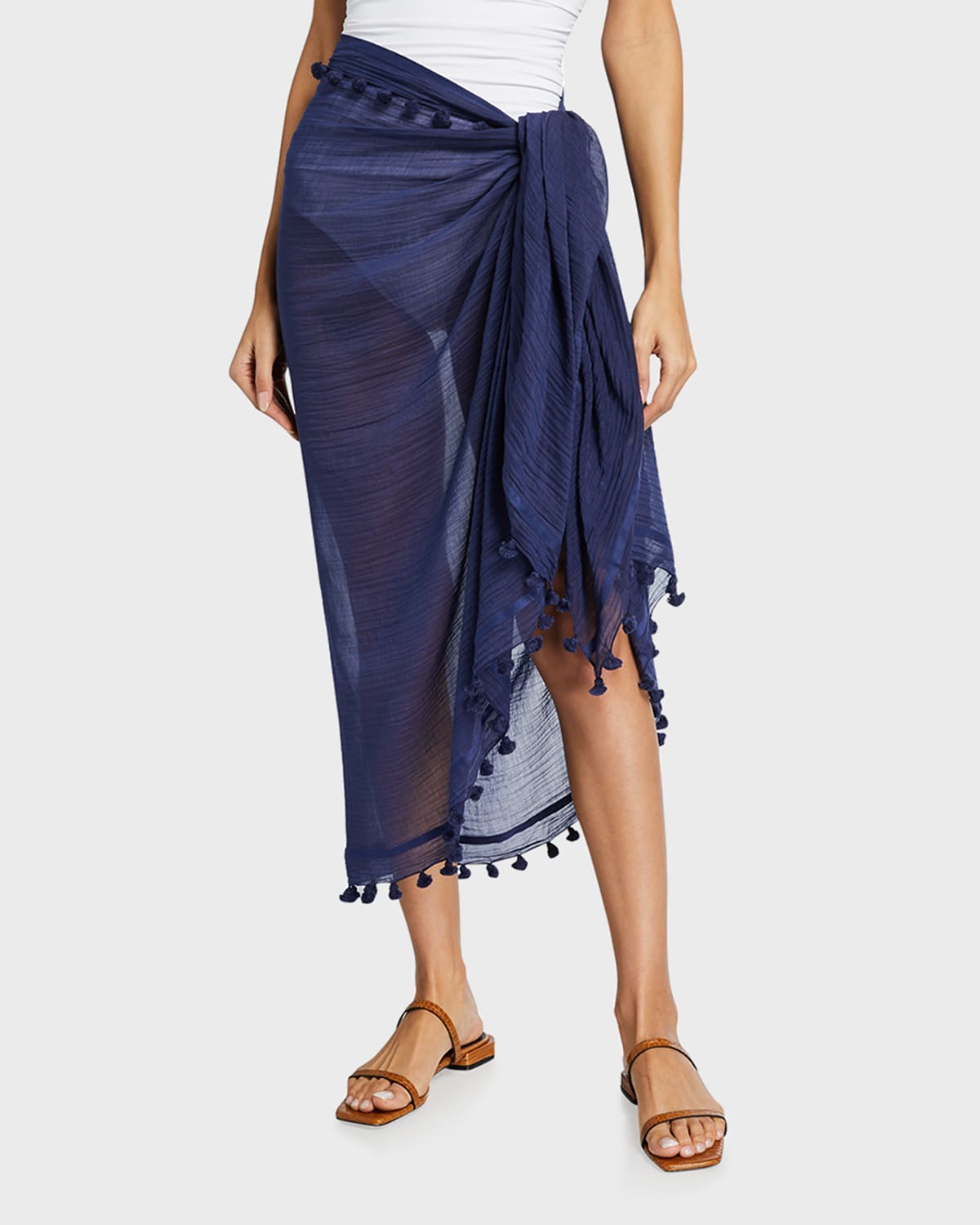 Shop Melissa Odabash Pompom Trim Solid Coverup Pareo In Navy