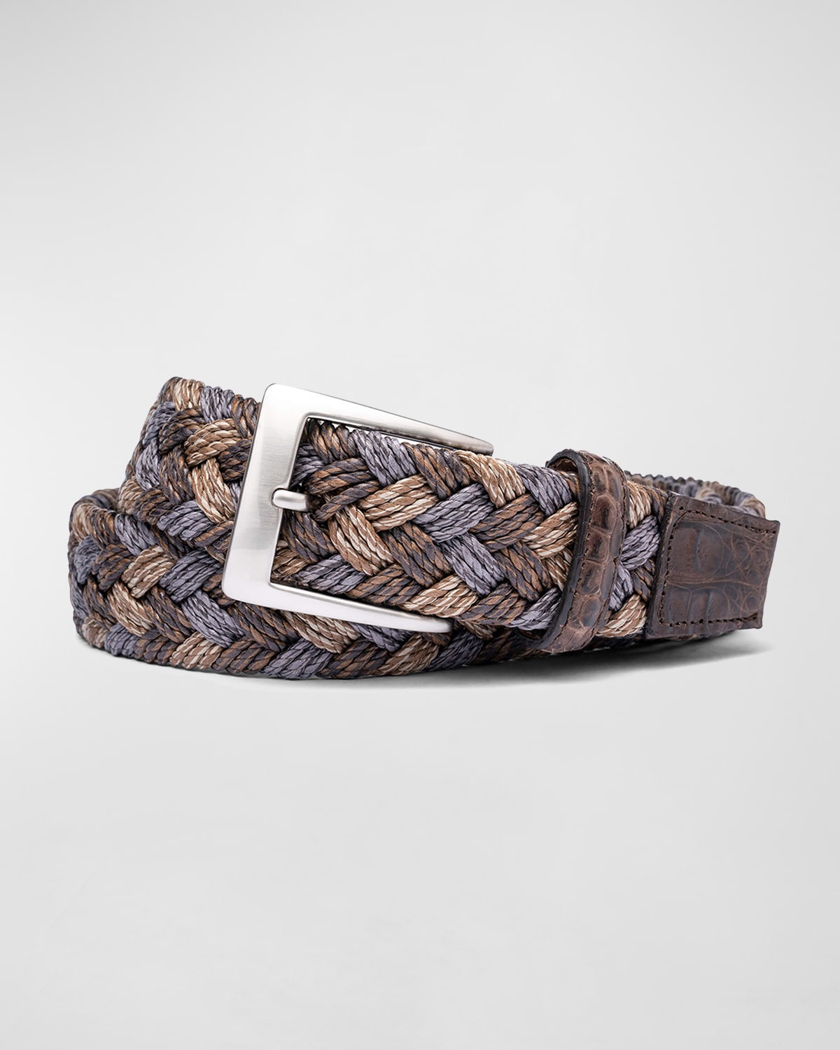 W. Kleinberg Men's Woven Linen Belt W/ Croc Tabs In Tan, Grey, Brown
