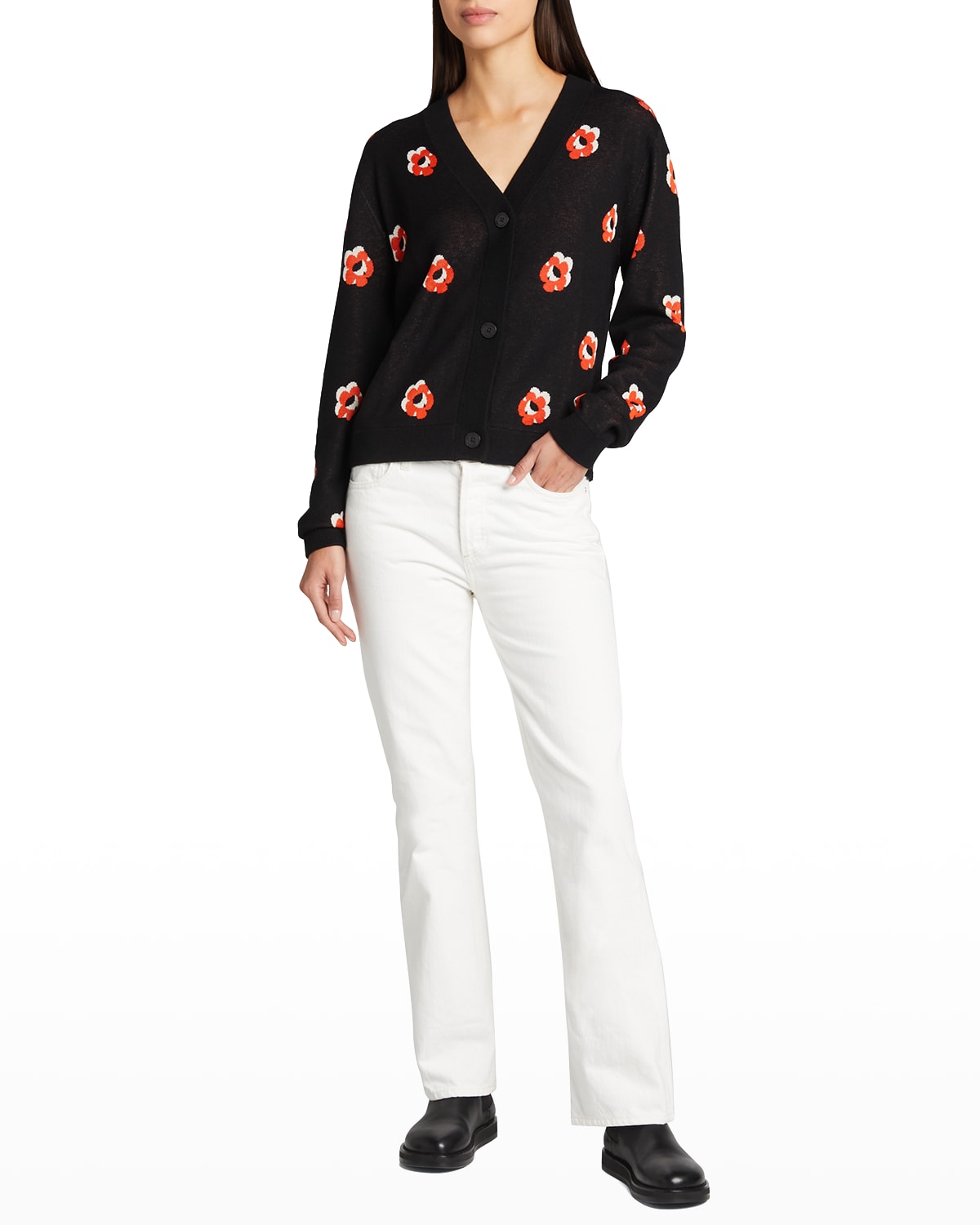 kule the brodie floral intarsia cardigan in black red