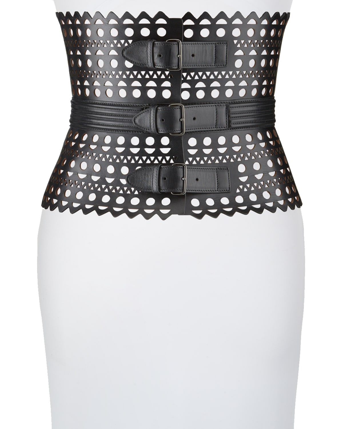Alaïa Openwork Wide Triple-buckle Leather Corset Belt In Noir