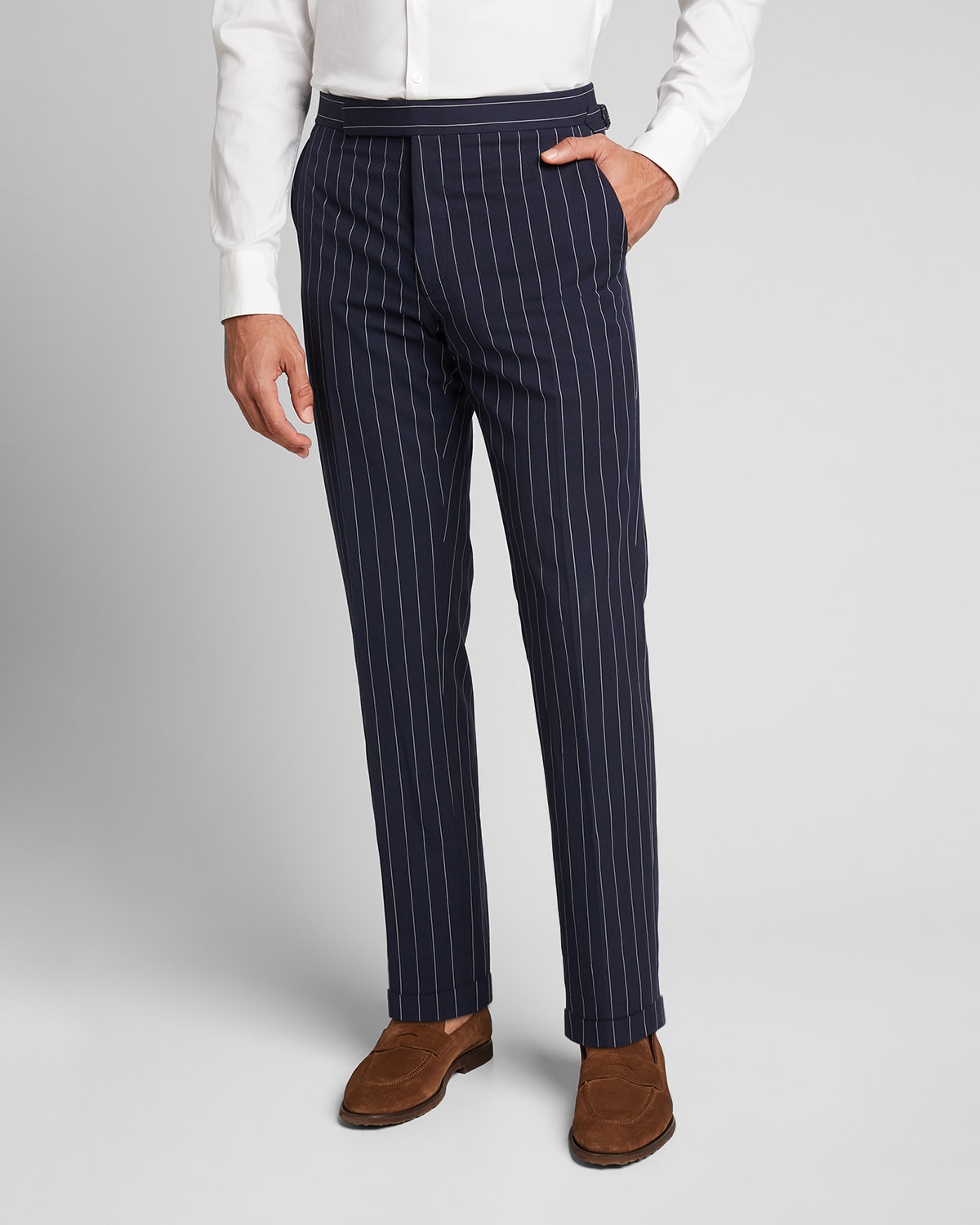 Ralph Lauren Purple Label Men's Gregory Ff Pinstriped Pants In Navy/white