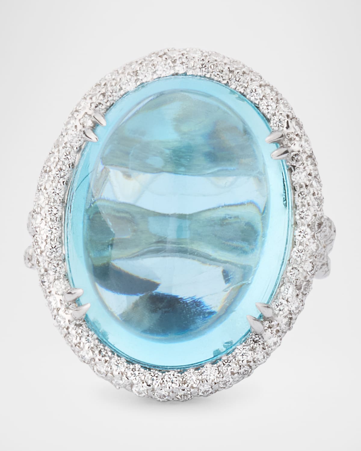 18K White Gold Oval Cabochon Aquamarine and Diamond Pave Ring, Size 6