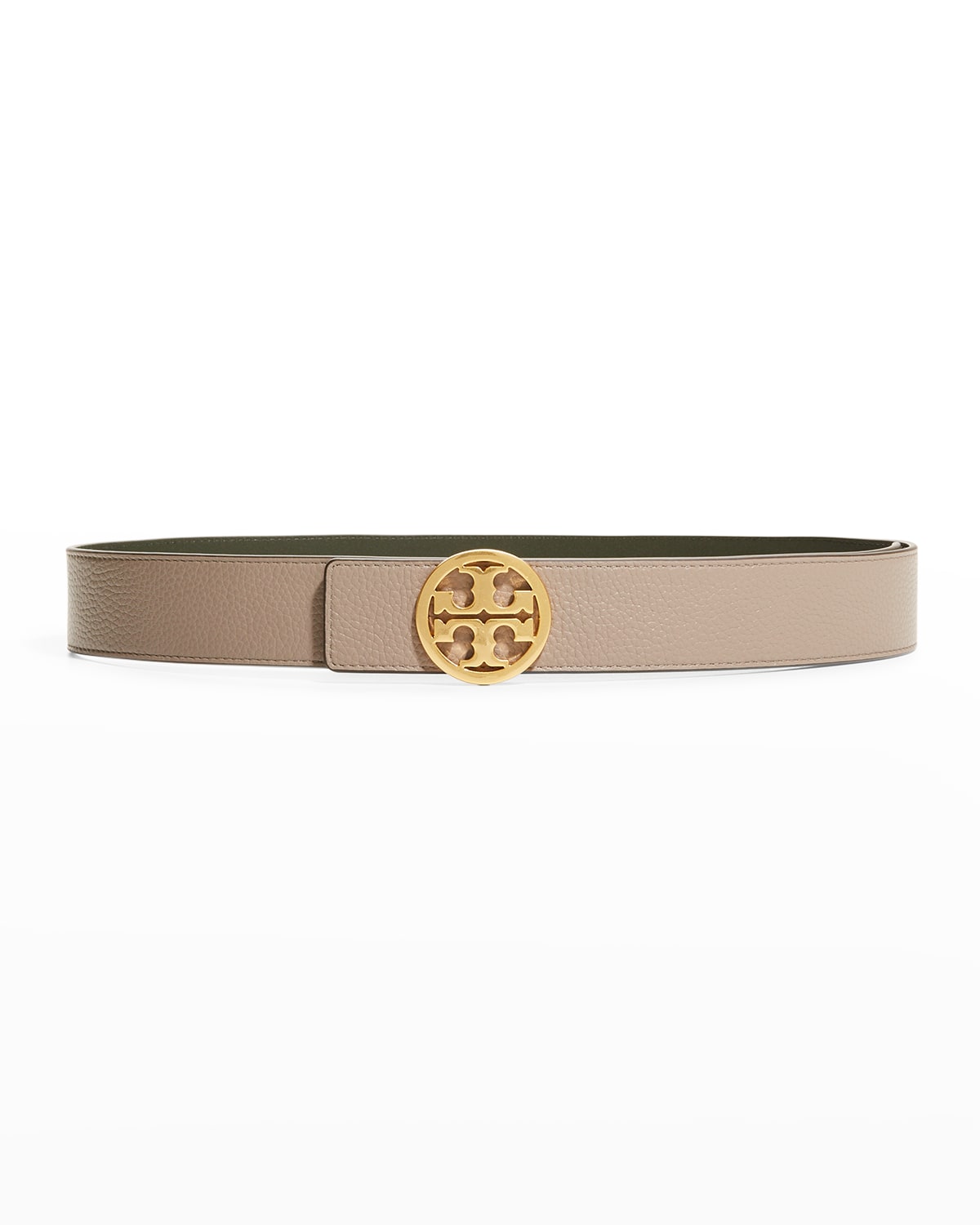 Tory Burch Reversible 1.5" Leather Logo Belt In Gray Heron