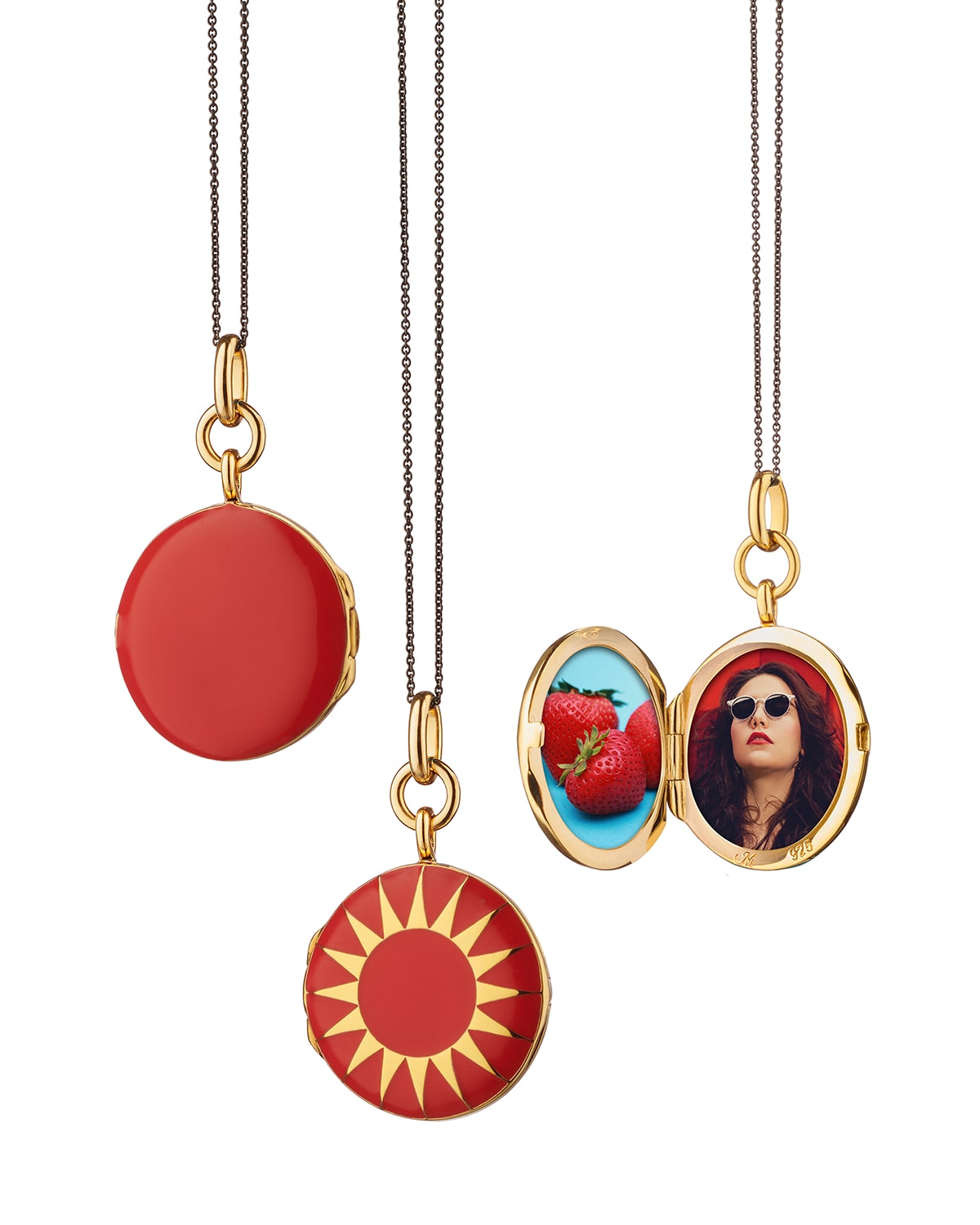 Monica Rich Kosann Round Enamel Locket Necklace With 18k Yellow Gold Vermeil Sun Detail In Red