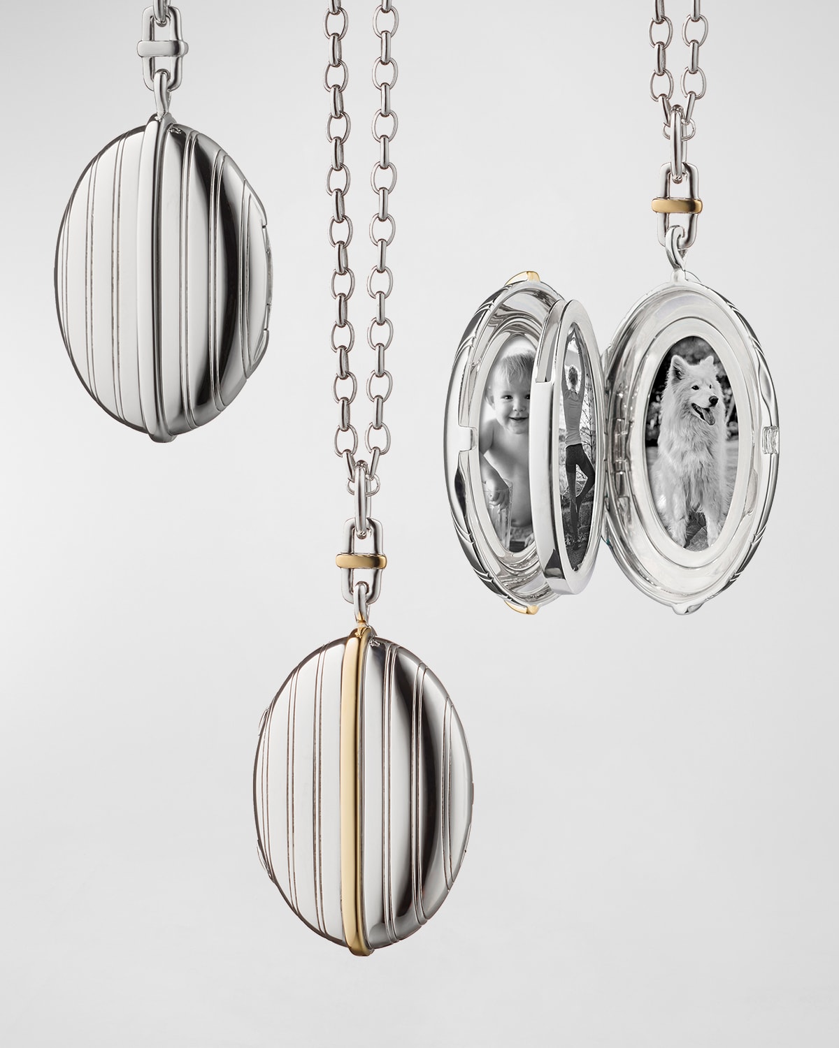 Two Tone Oval Pinstripe Four Image Locket in Sterling Silver and 18K Yellow Gold