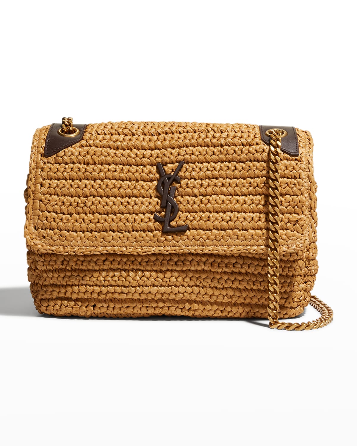 Saint Laurent Niki Ysl Monogram Medium Crocheted Shoulder Bag In Naturale New Nut