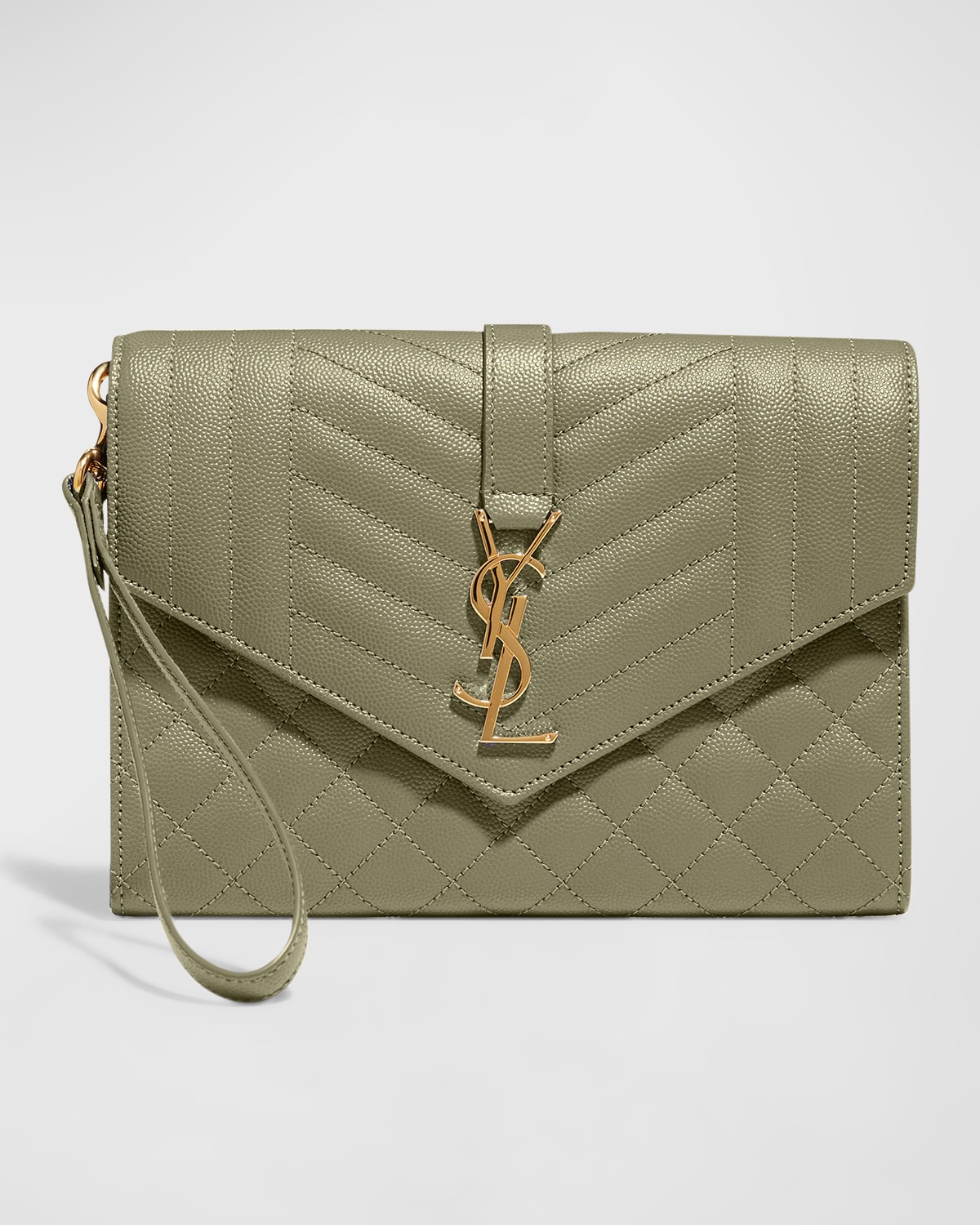 Saint Laurent Ysl Monogram Quilted Envelope Clutch Bag In Vert Kaki