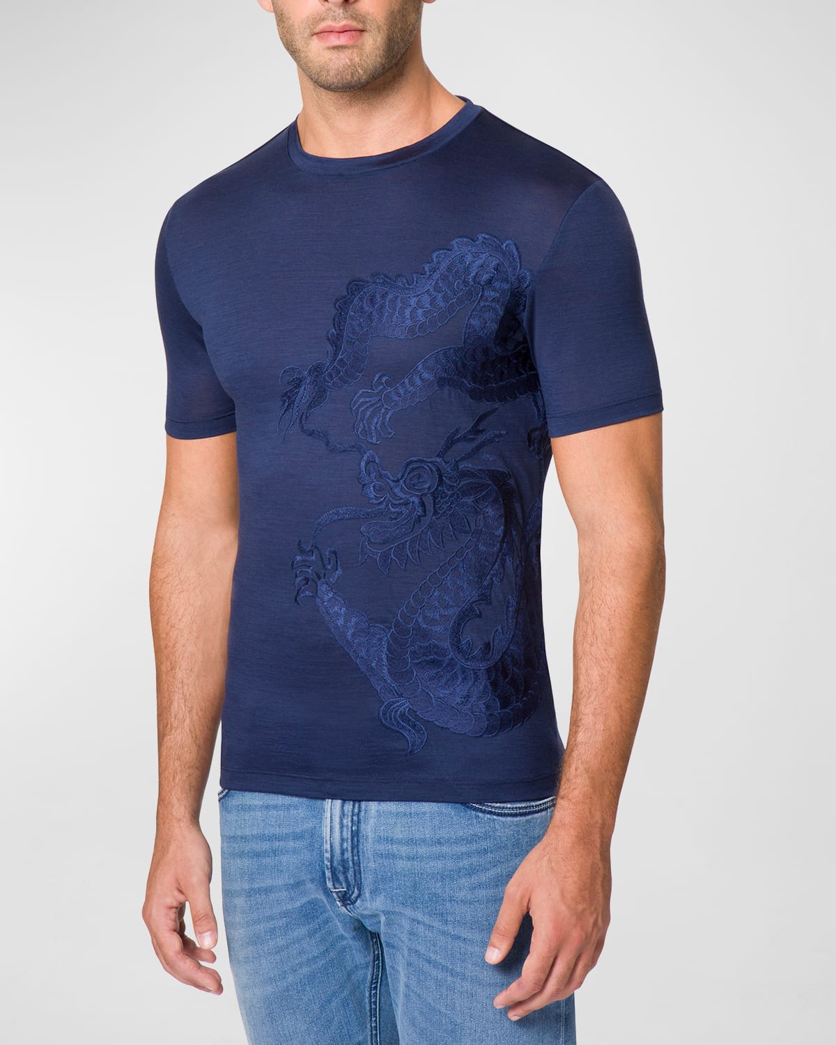 Stefano Ricci Men's Tonal Dragon Wool T-shirt In Navy