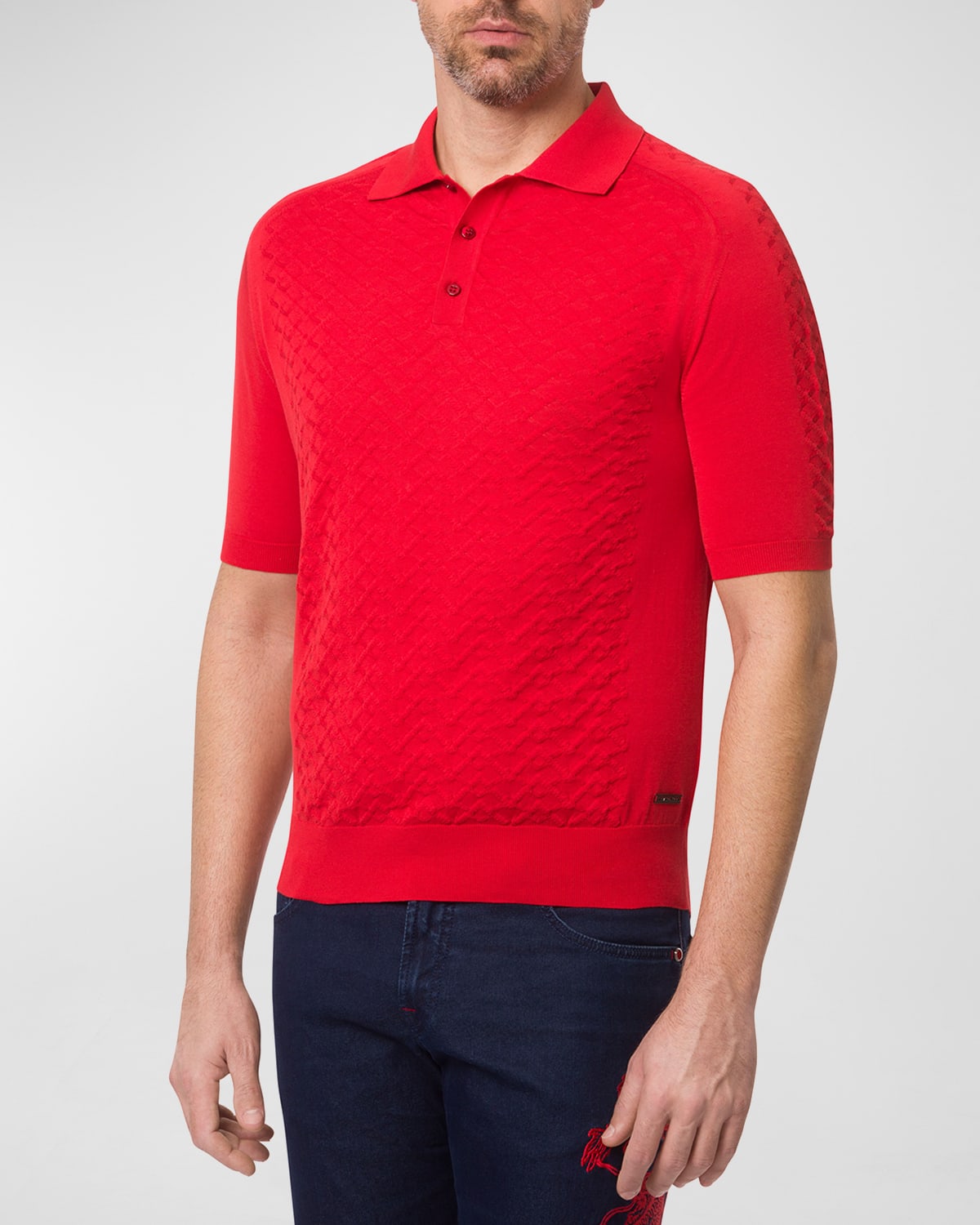 Stefano Ricci Men's Patterned Short-sleeve Polo Sweater In Red
