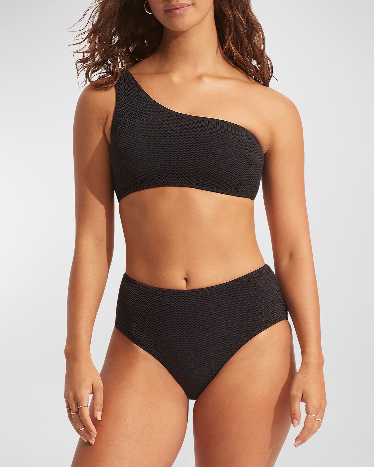 Seafolly Textured One-shoulder Bikini Top In Black