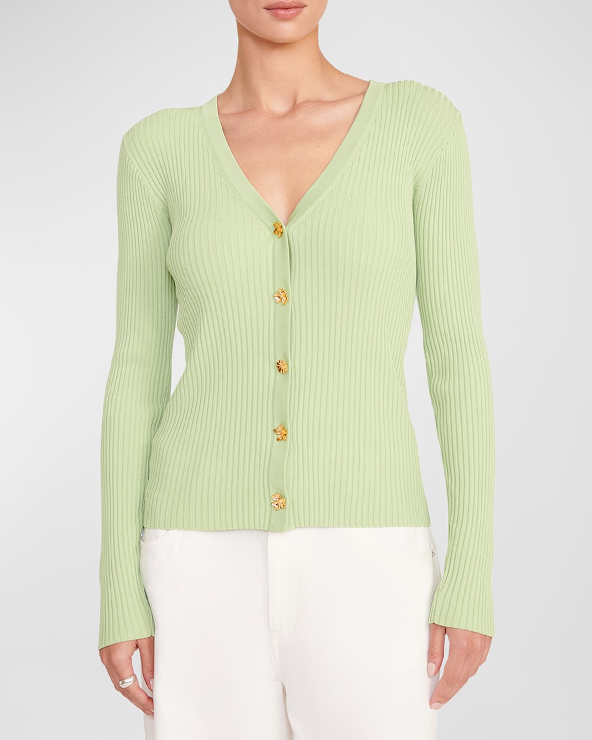Shop Staud Cargo Bicolor Button-down Sweater In Matcha