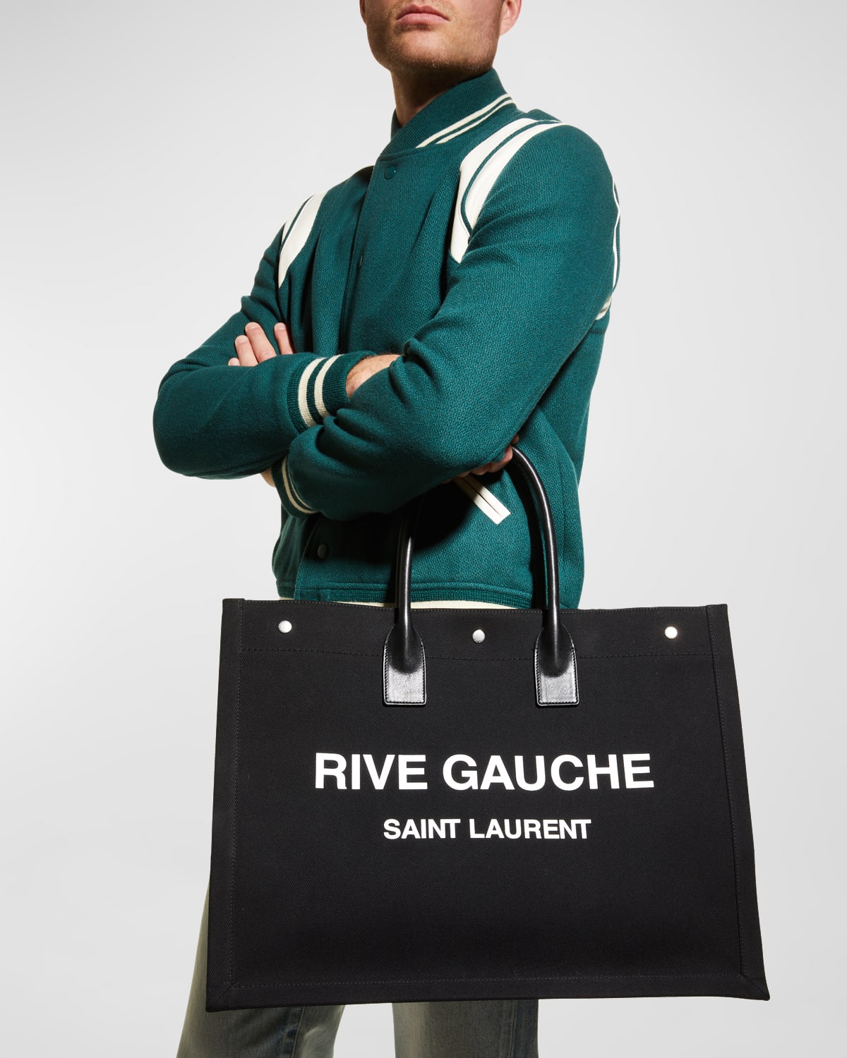 Saint Laurent Men's Noe Rive Gauche Canvas Tote Bag In Nero/bianco