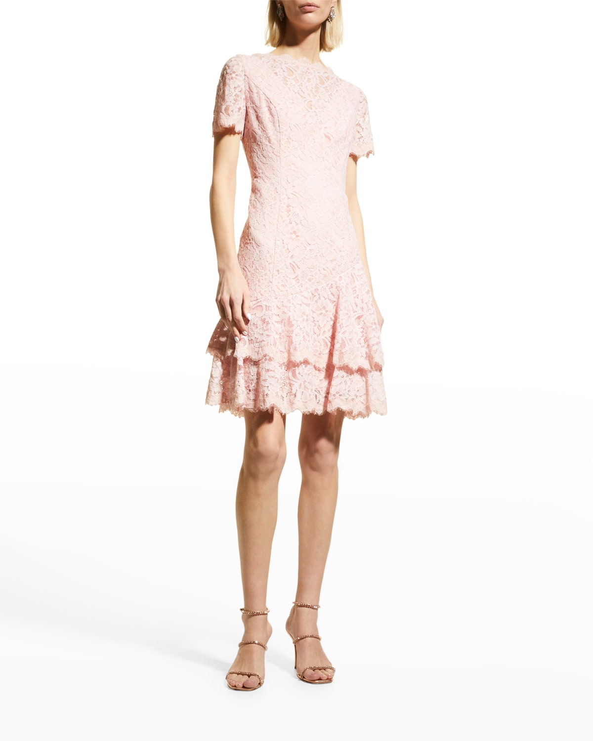 Shani Short-sleeve Lace Dress W/ Double Ruffled Hem In Dusty Pink