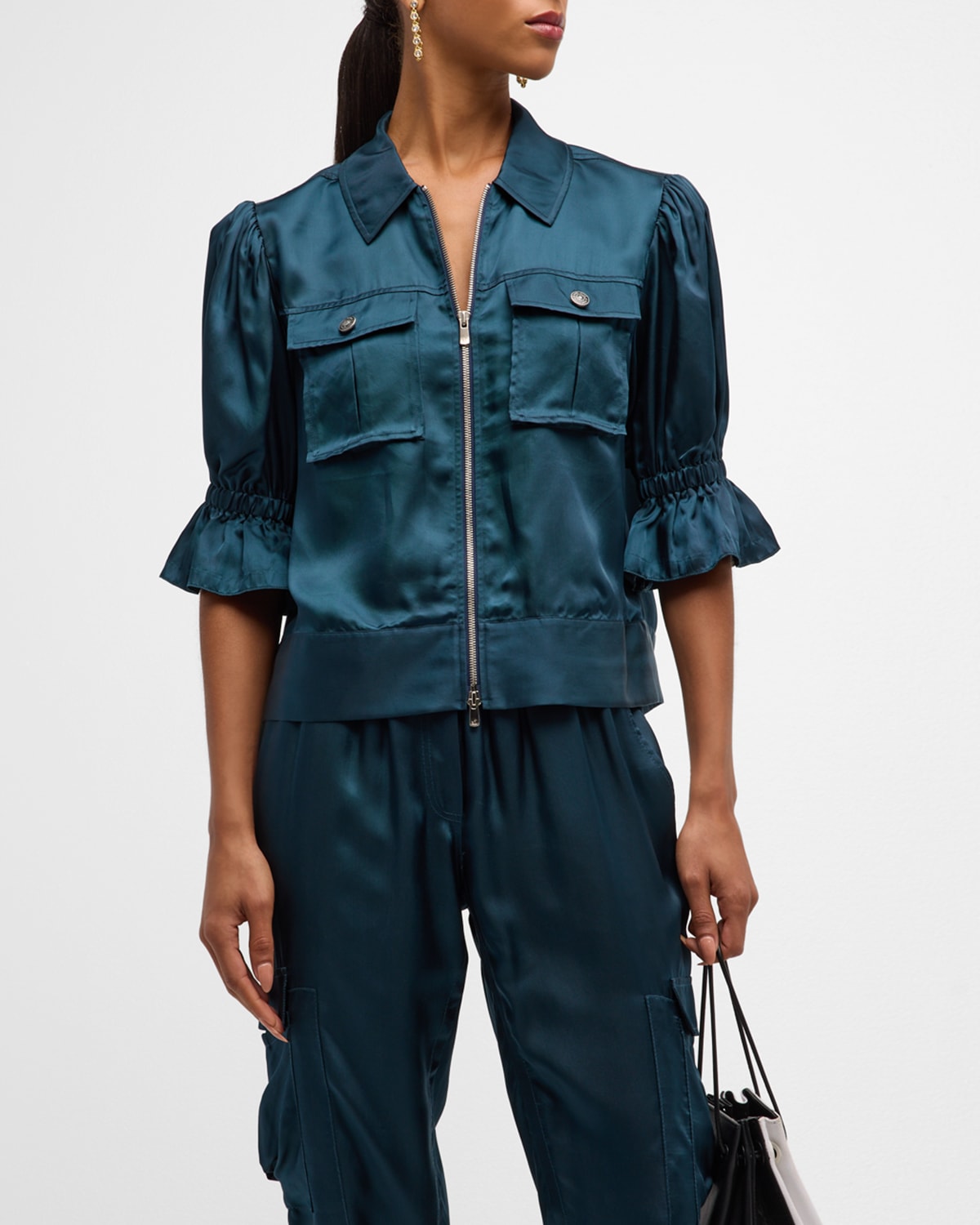 Cinq À Sept Holly Short-sleeve Sateen Jacket In Stonewash