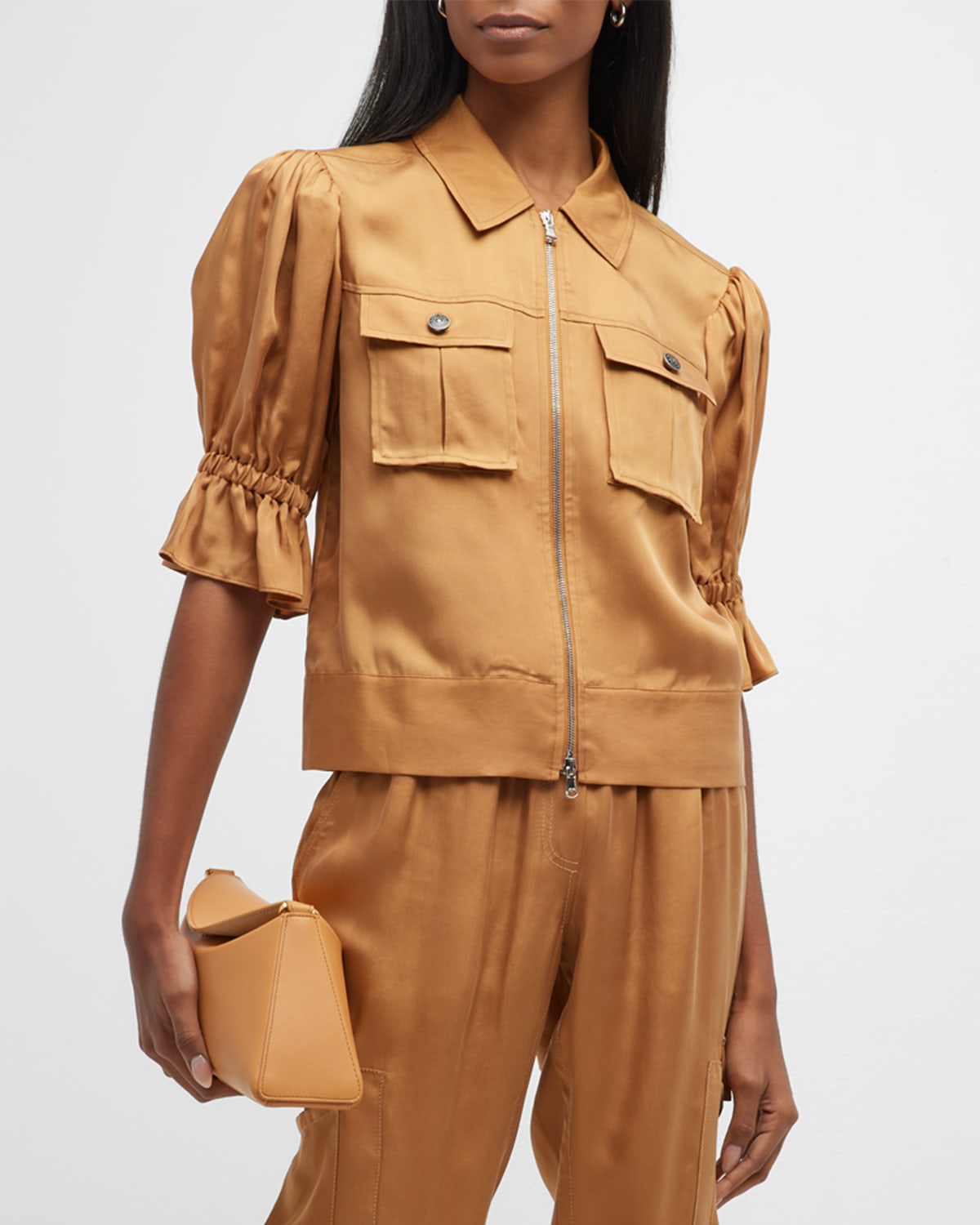 Cinq À Sept Holly Short-sleeve Sateen Jacket In Pecan