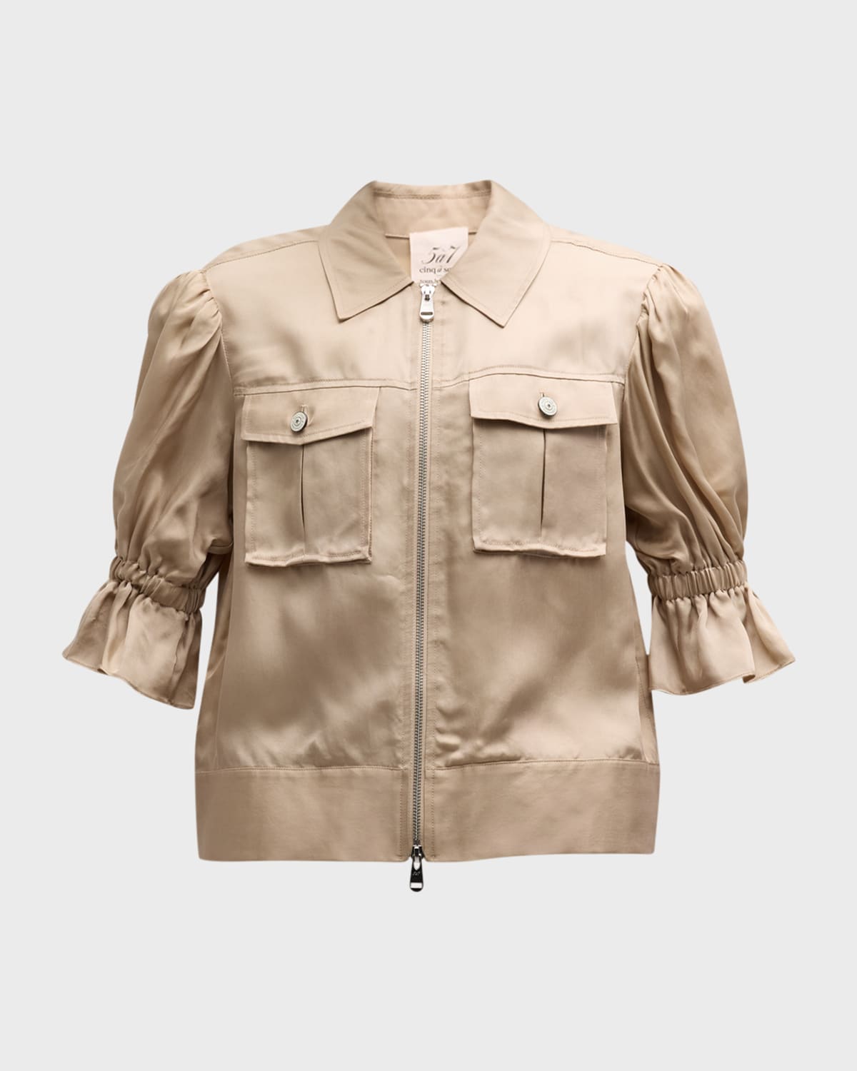 Shop Cinq À Sept Holly Short-sleeve Sateen Jacket In Khaki