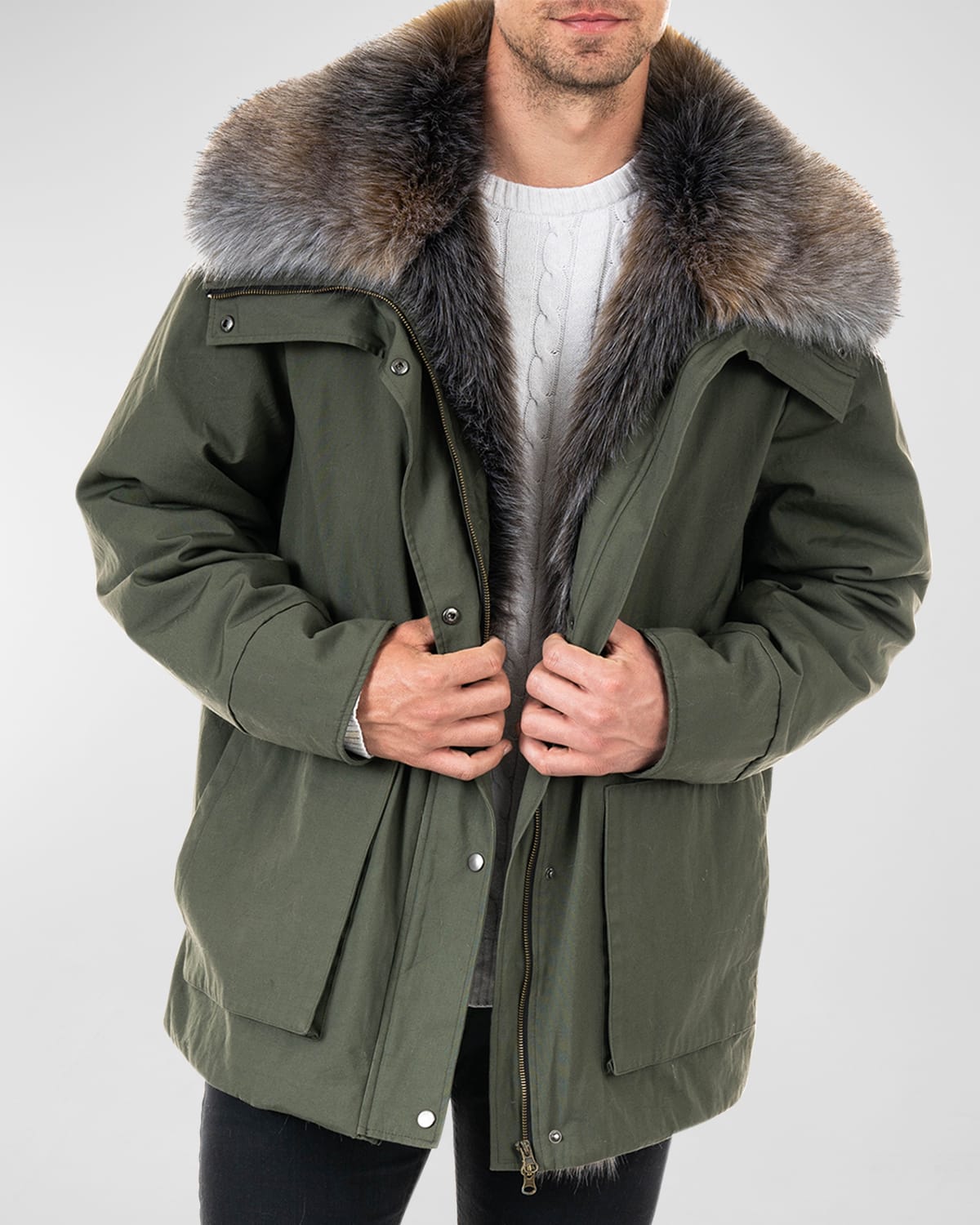 Fabulous Furs Men's Alpine Anorak Coat w/ Faux Fur