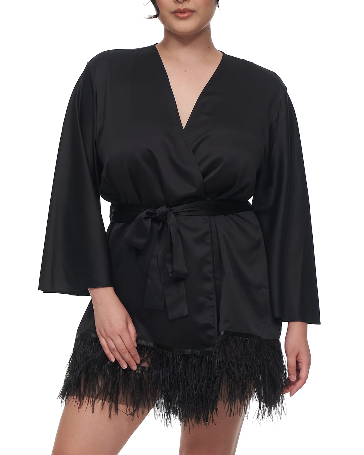 Rya Collection Swan Feather-hem Robe, Inclusive Sizing In Black