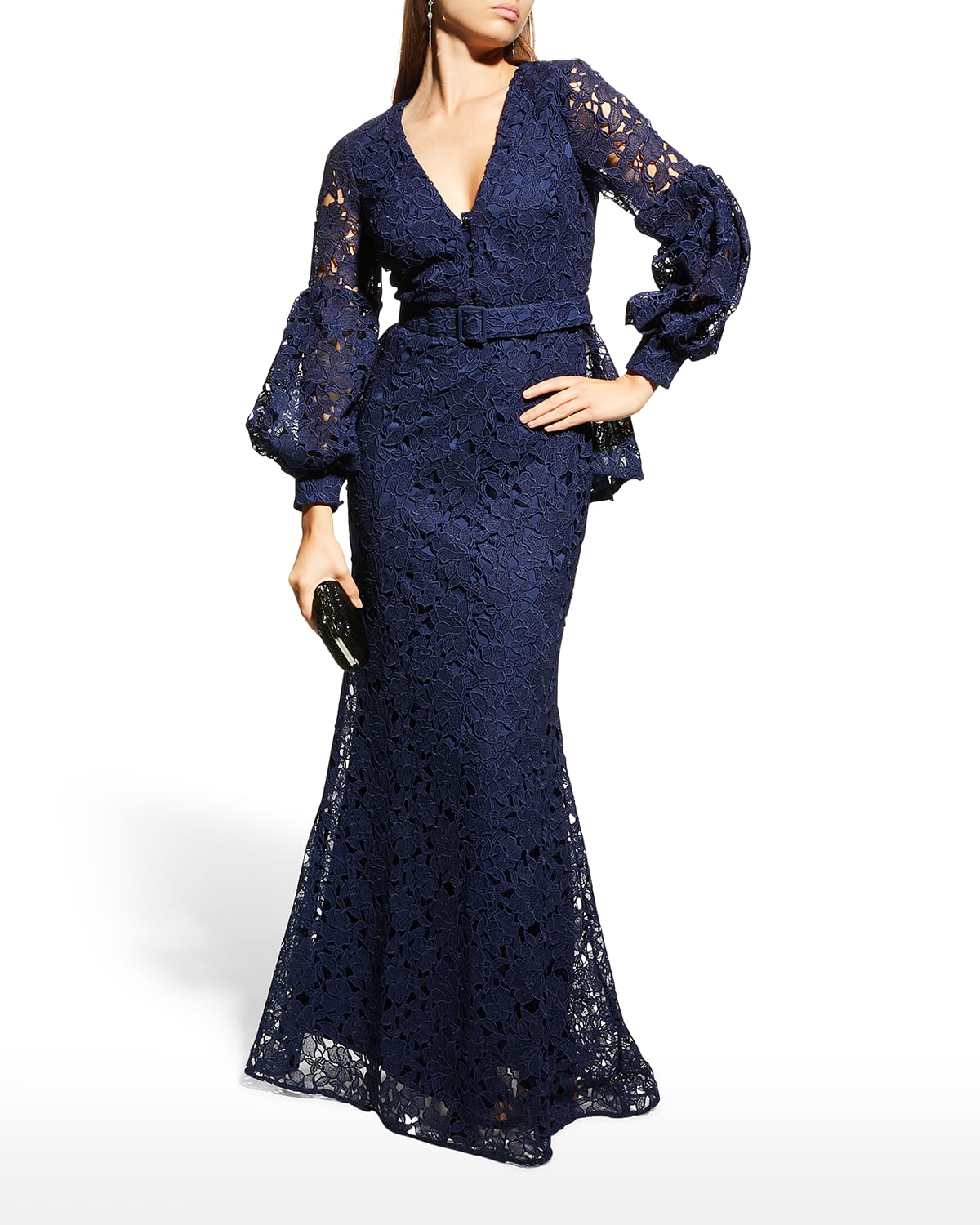 Badgley Mischka Collection Scalloped V-Neck Puff-Sleeve Lace Peplum Gown