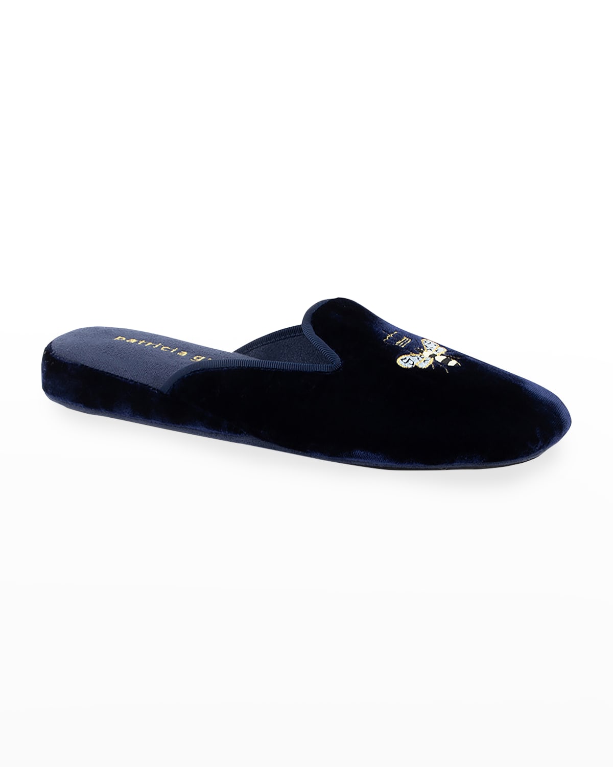 Patricia Green Queen Bee Embroidered Slippers In Navy Velvet