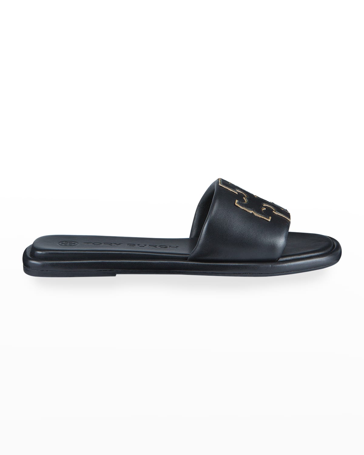Shop Tory Burch Double T Leather Medallion Slide Sandals In Perfect Black  Gold