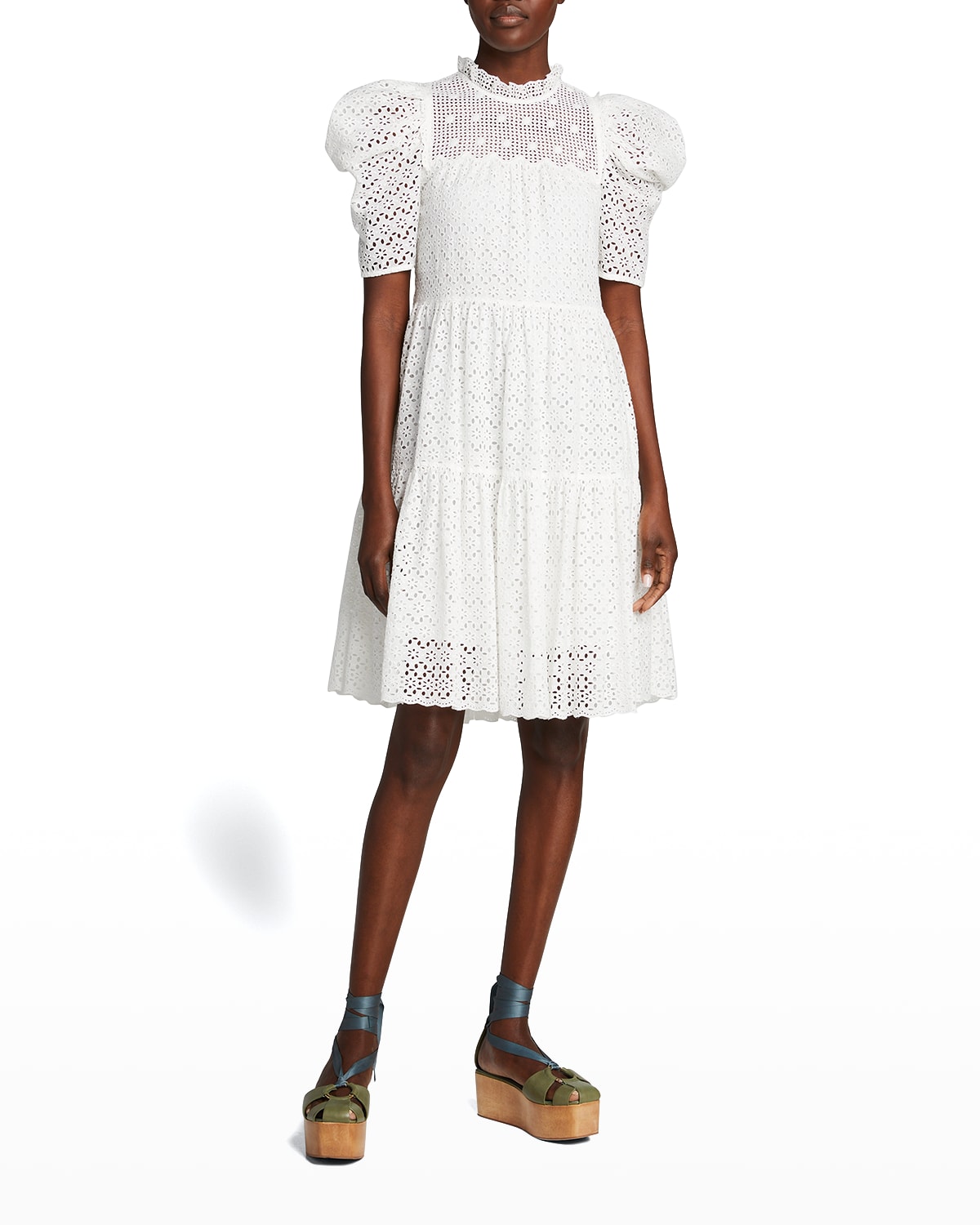 Ulla Johnson Simone Eyelet Puff Sleeve Dress In Blanc Modesens