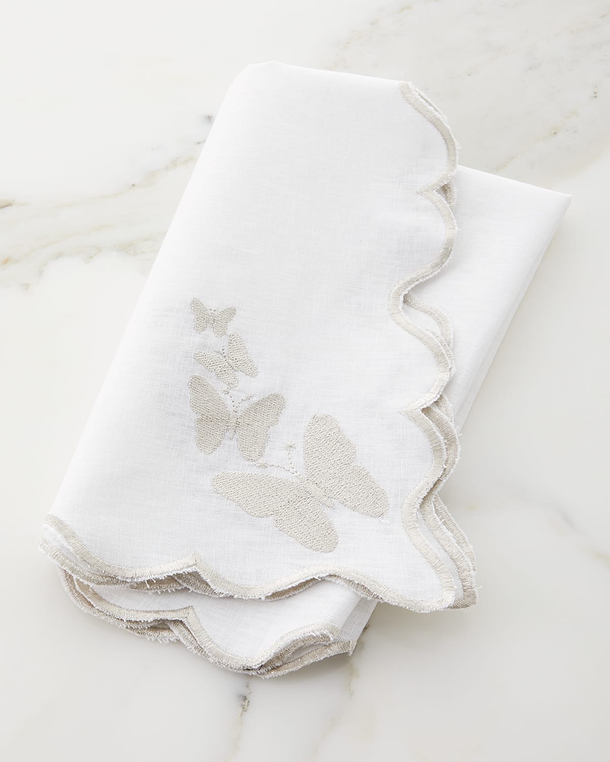 Shop Nomi K White Linen Silver Butterfly Scalloped Edged Embroidered Napkin In White/silver