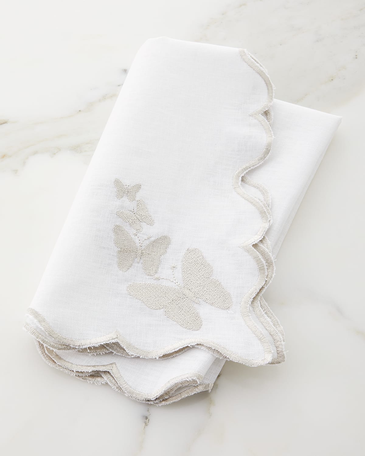 Nomi K White Linen Silver Butterfly Scalloped Edged Embroidered Napkin In White/silver