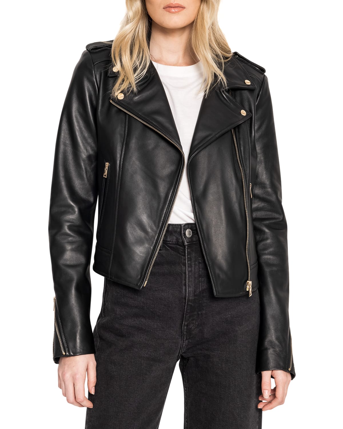Shop Lamarque Donna Leather Biker Jacket In Black