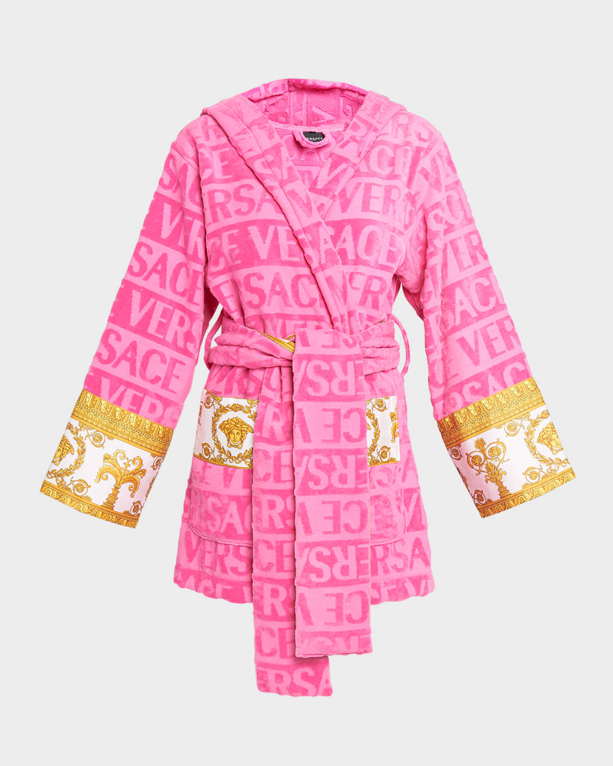 Versace I Heart Baroque Hooded Short Bathrobe In Fuxia