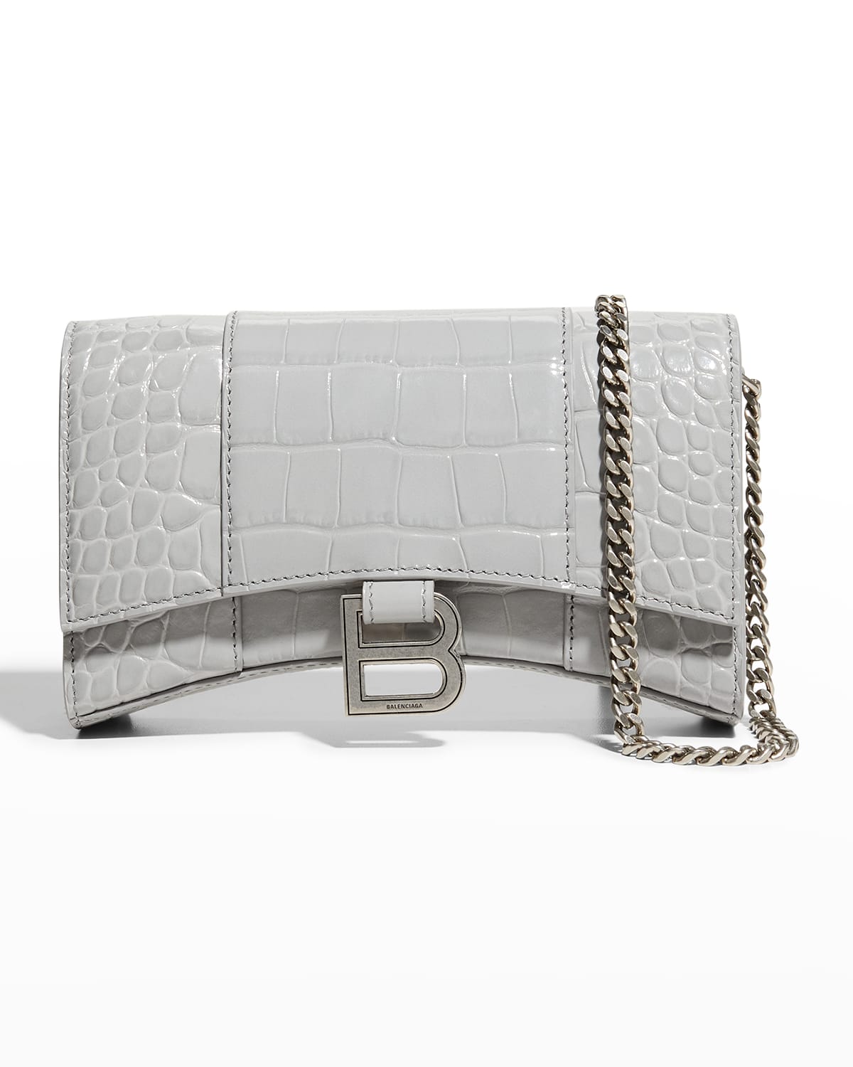 Balenciaga Hourglass Croc-embossed Wallet Crossbody Bag In Grey