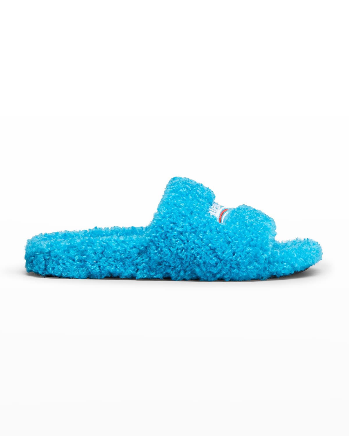 Balenciaga Blue Furry Logo Faux Shearling Slides In Cyan Multi