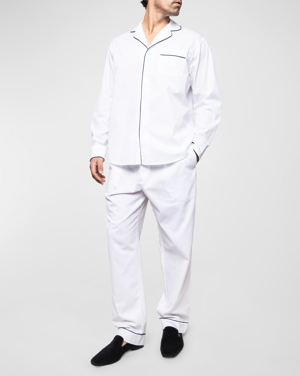 Men's Solid Twill Pajama Set With Piping
