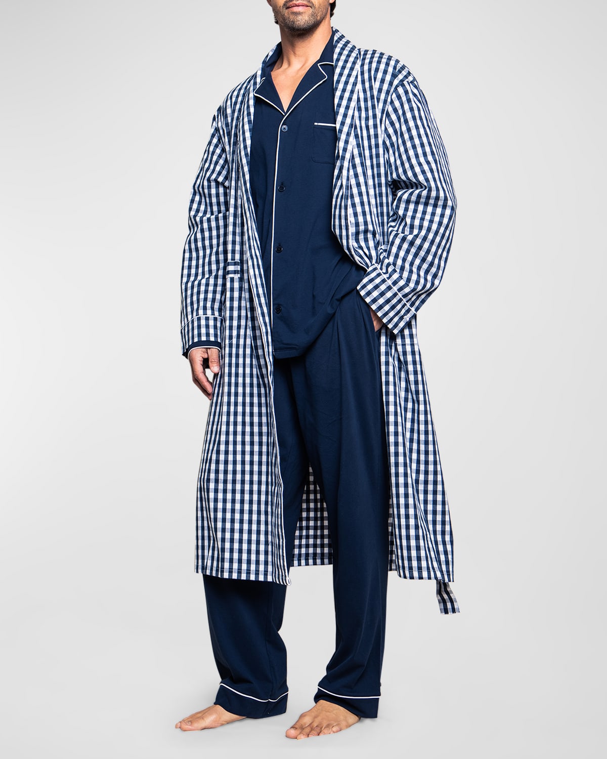 Petite Plume Gingham Cotton Twill Robe In Navy