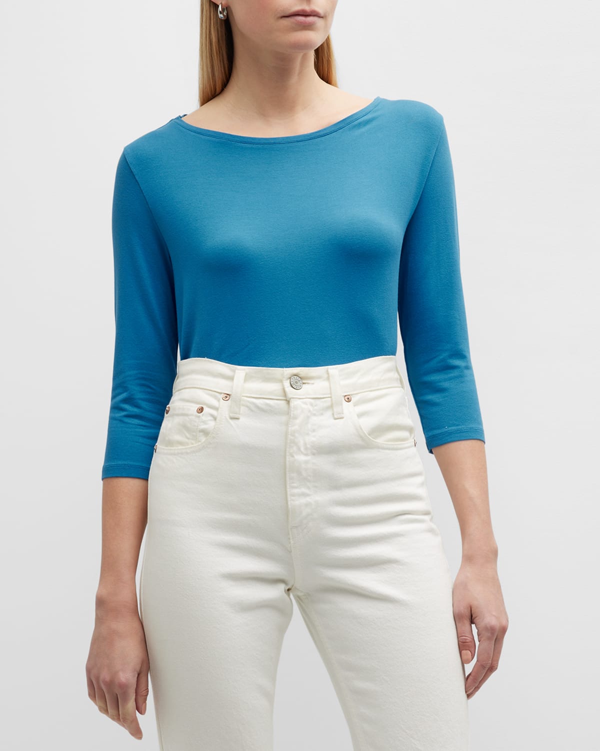 Majestic Soft Touch 3/4-sleeve Boat-neck Top In Ocean