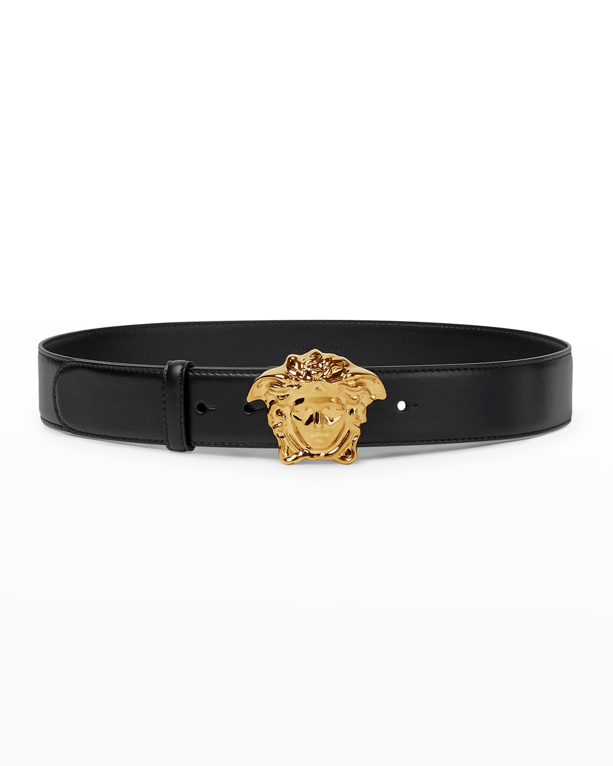 Versace La Medusa Buckle Leather Belt In Black Gold